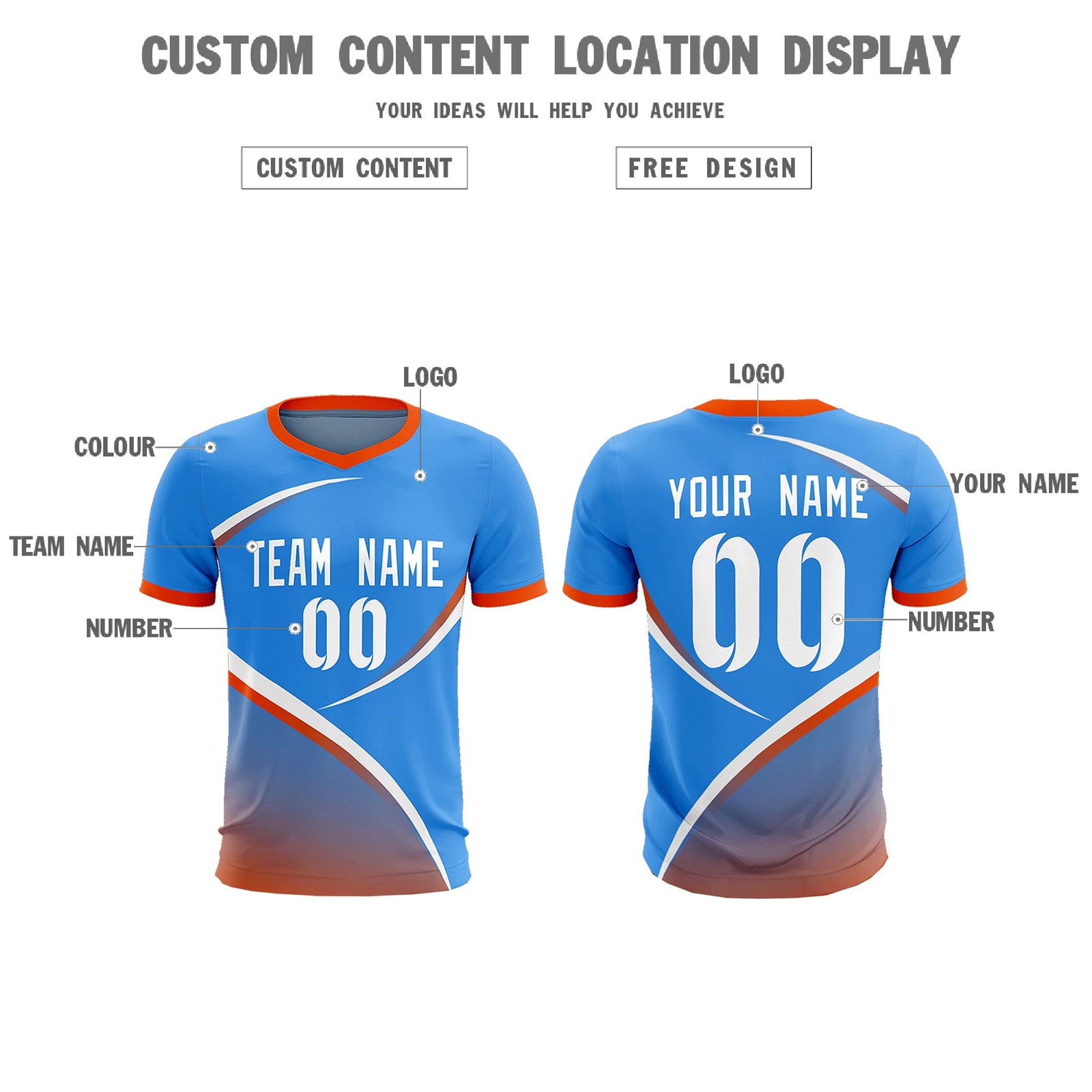 Custom Powder Blue Orange Color Block Training Uniform For Men Soccer Sets Jersey