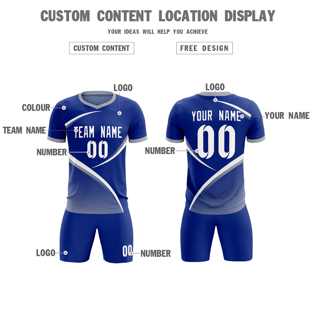 Custom Royal Gray Color Block Training Uniform For Men Soccer Sets Jersey