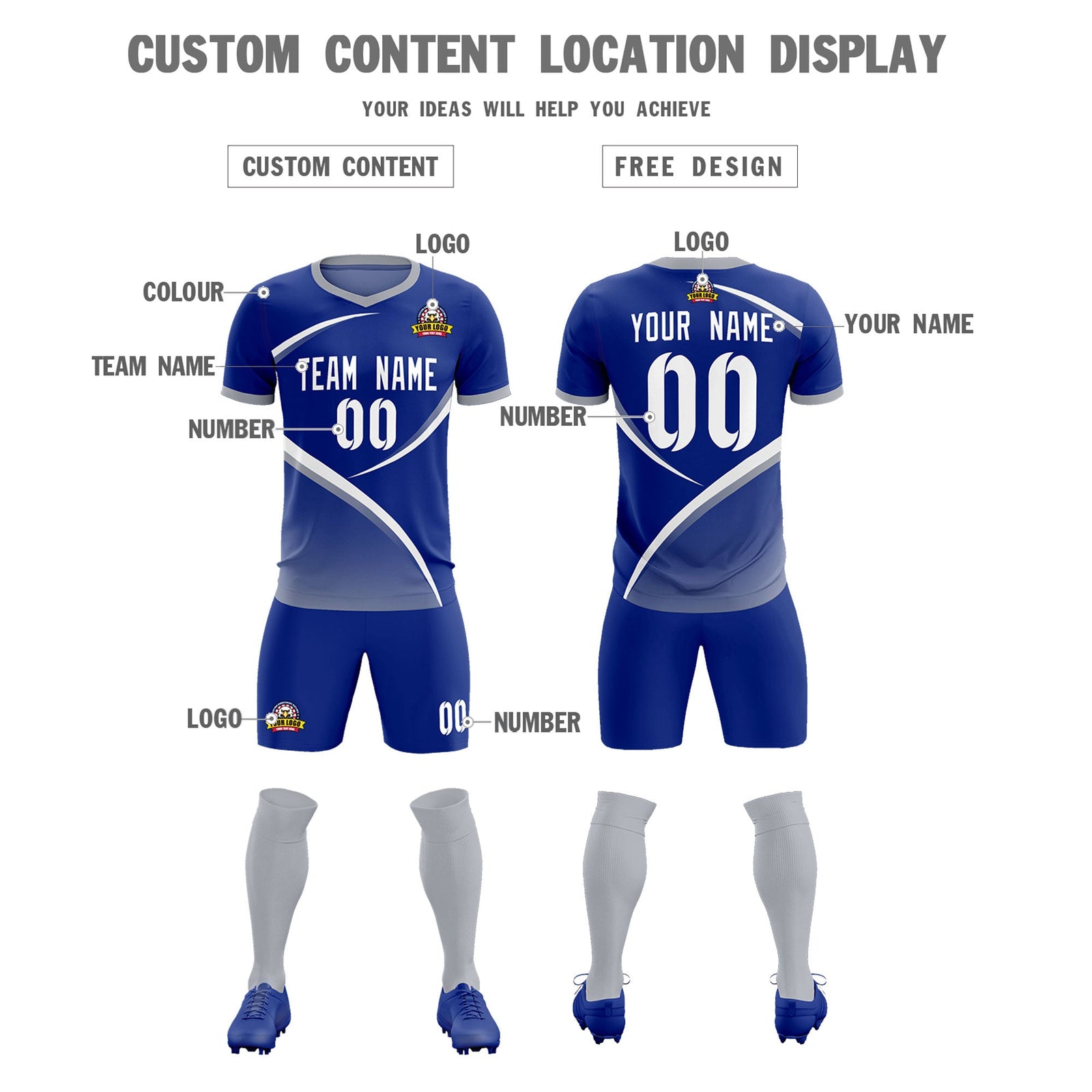 Custom Royal Gray Color Block Training Uniform For Men Soccer Sets Jersey