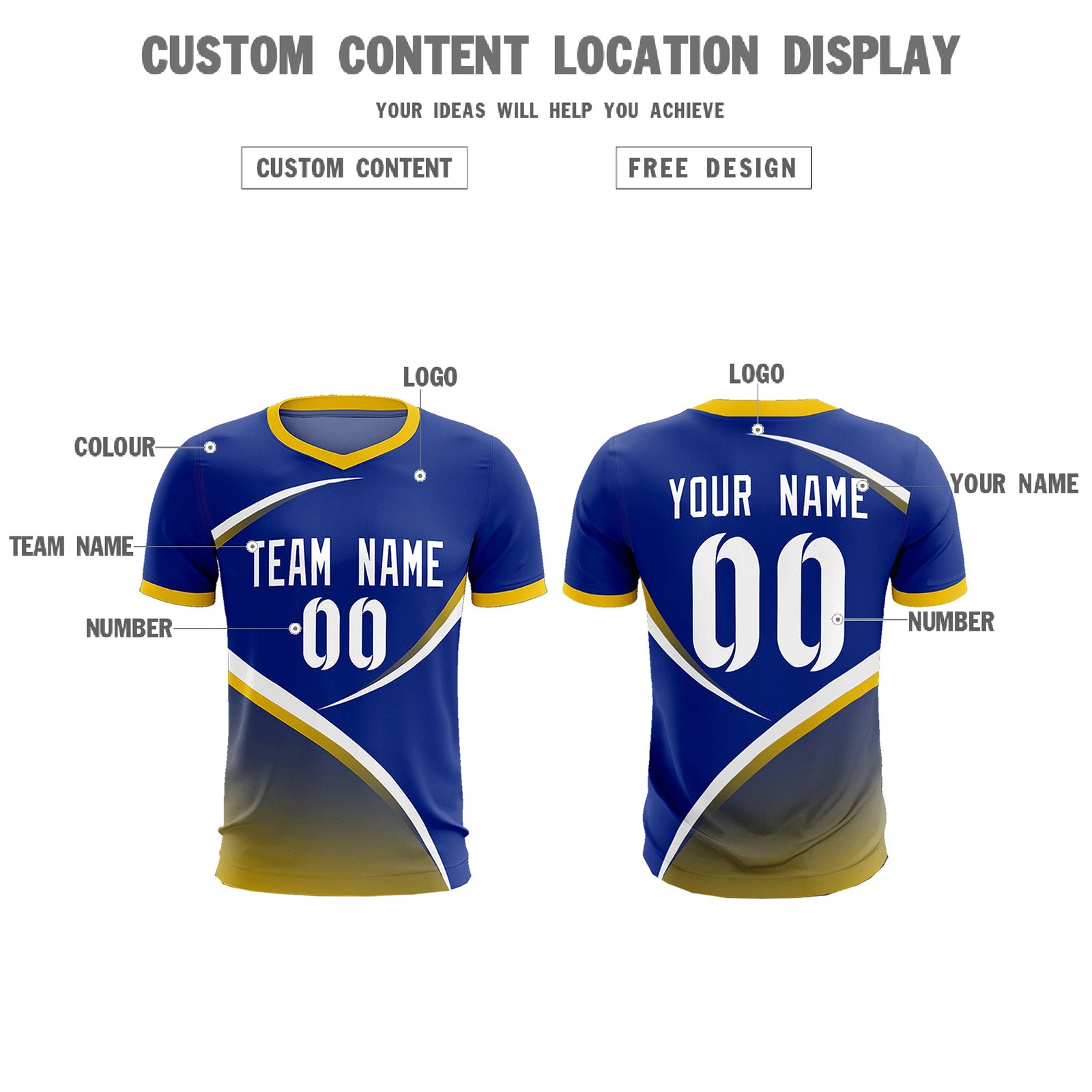 Custom Royal Gold Color Block Training Uniform For Men Soccer Sets Jersey