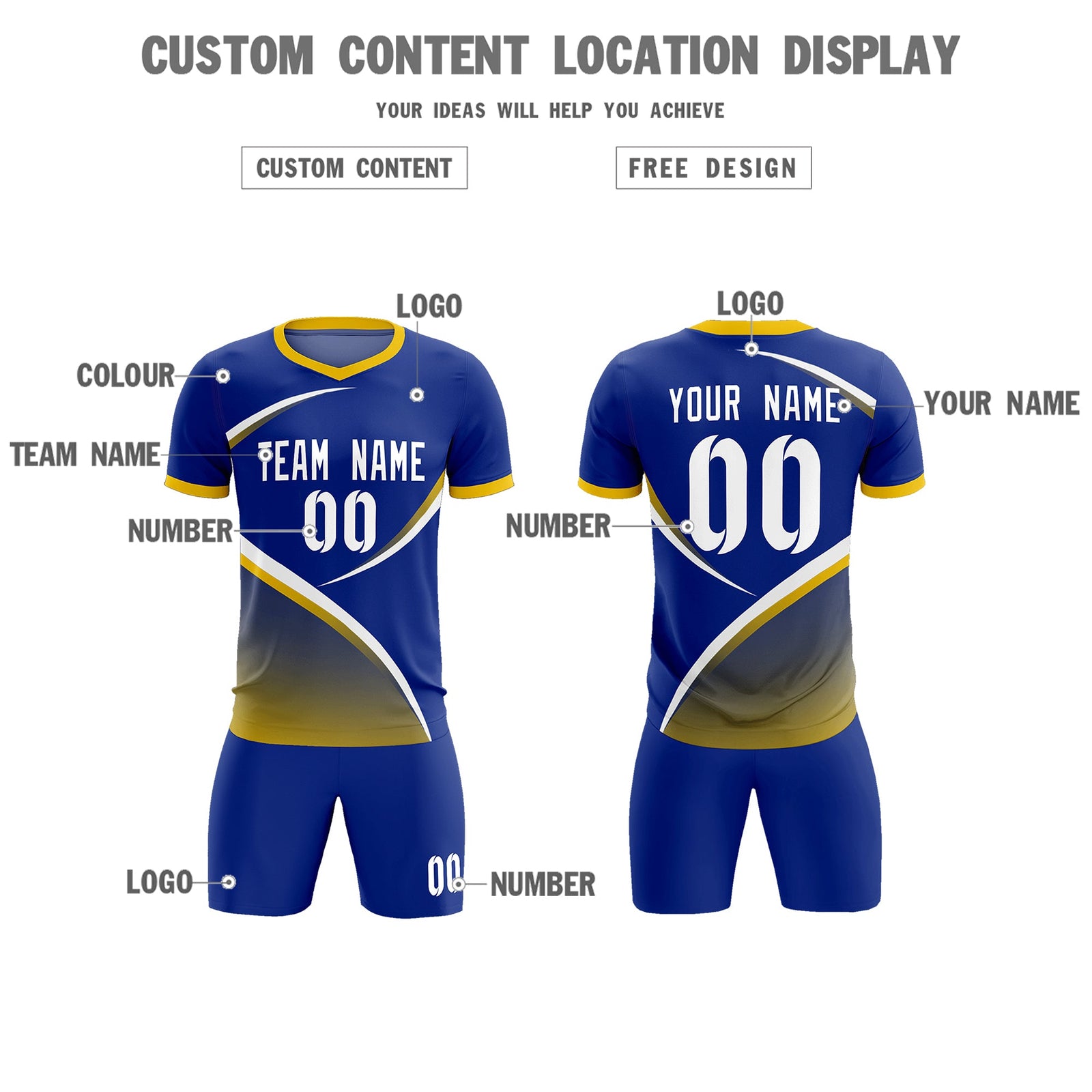 Custom Royal Gold Color Block Training Uniform For Men Soccer Sets Jersey