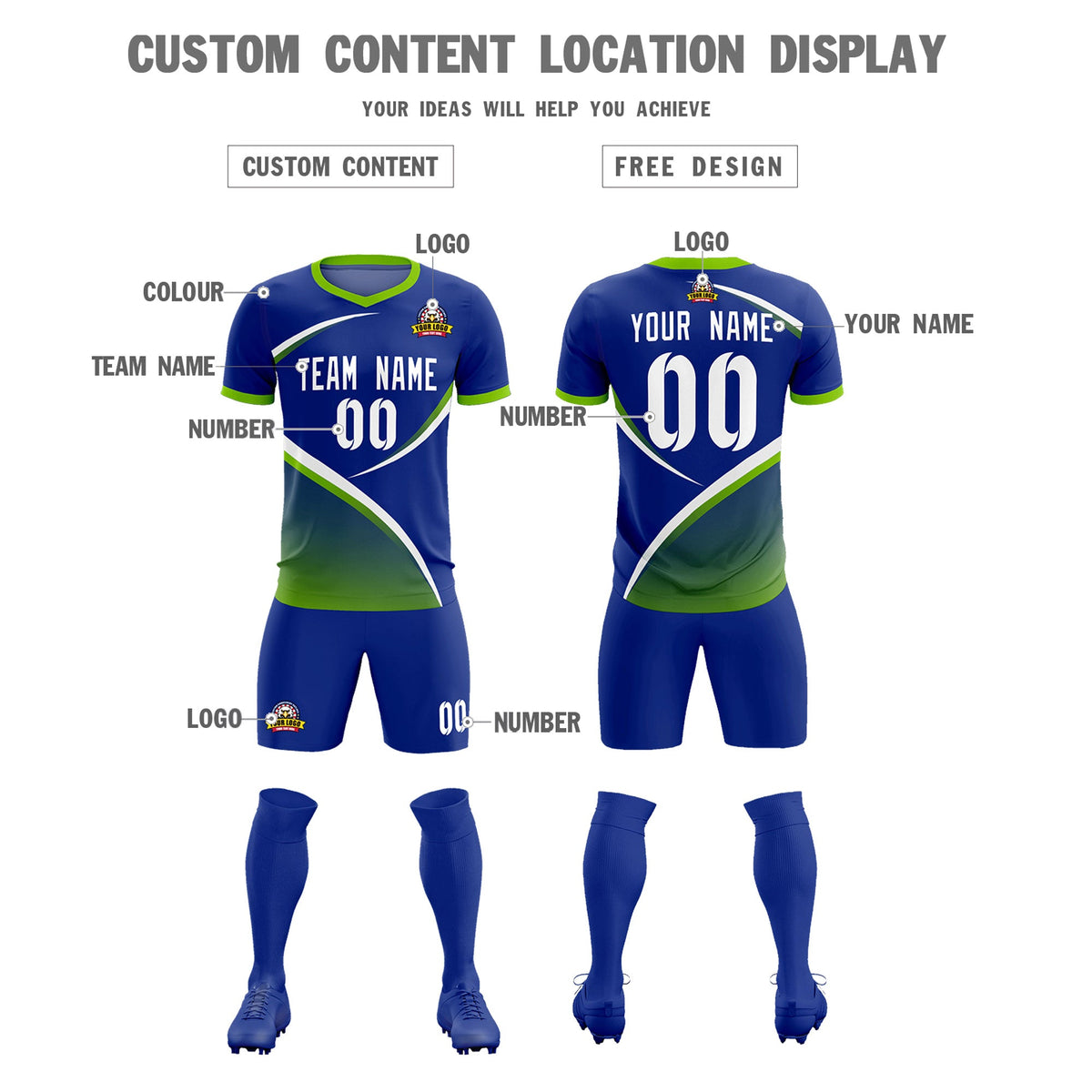 Custom Royal Neon Green Color Block Training Uniform For Men Soccer Sets Jersey
