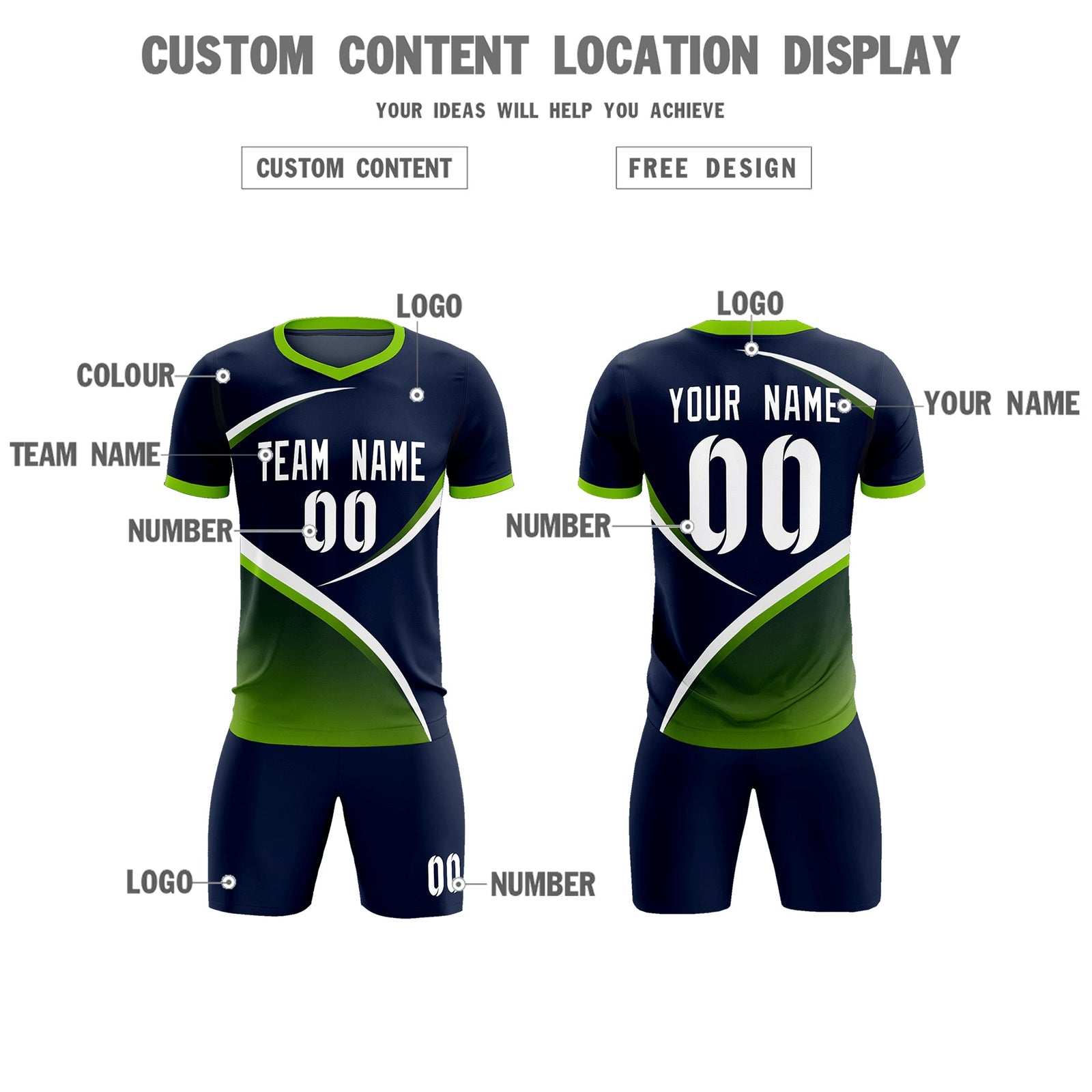 Custom Navy Neon Green Color Block Training Uniform For Men Soccer Sets Jersey