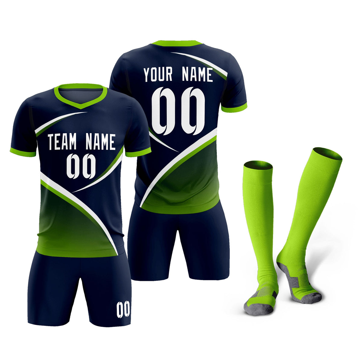 Custom Navy Neon Green Color Block Training Uniform For Men Soccer Sets Jersey