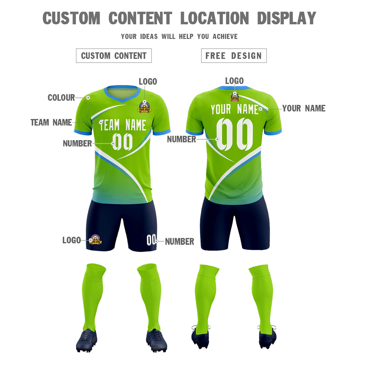 Custom Neon Green Powder Blue Color Block Training Uniform For Men Soccer Sets Jersey