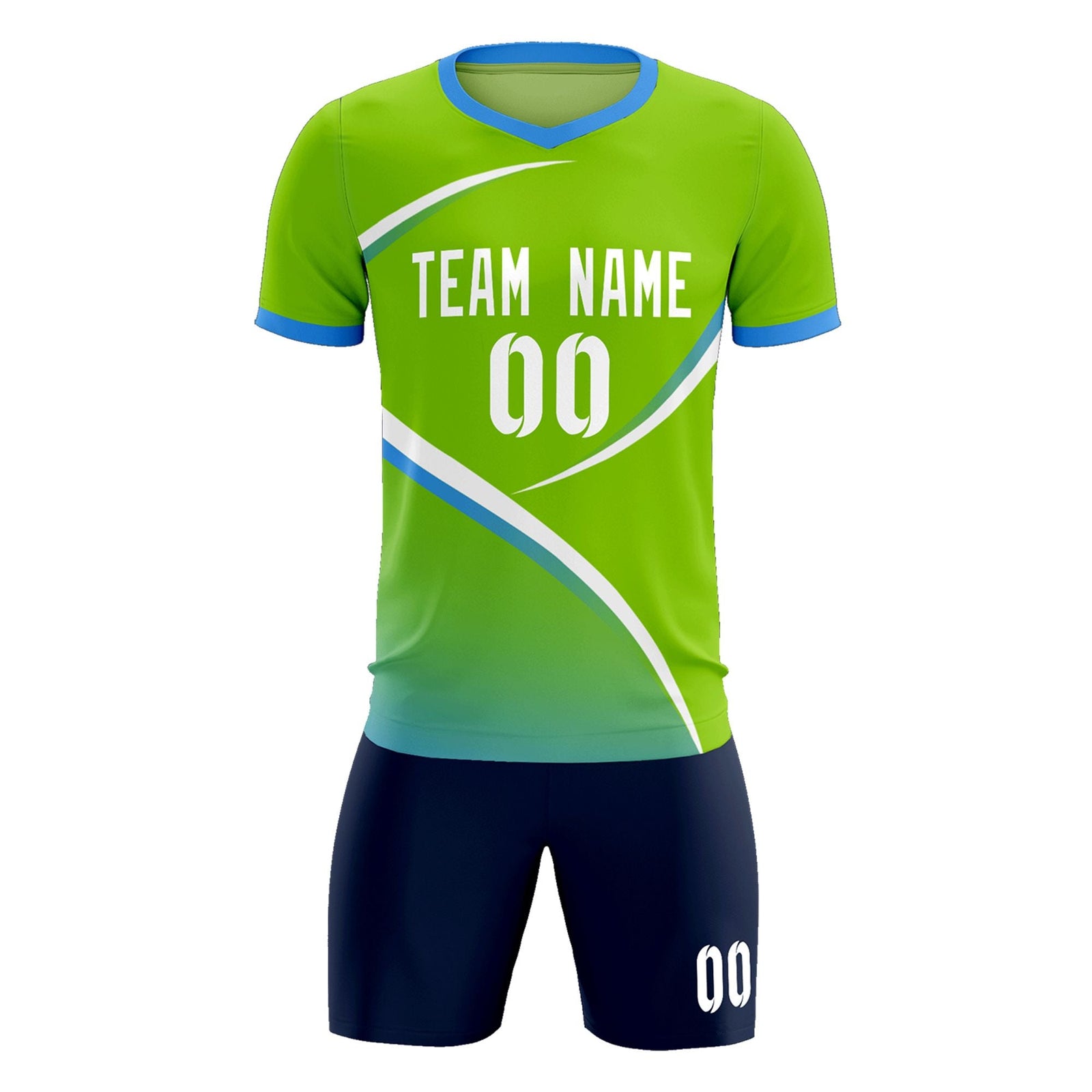 Custom Neon Green Powder Blue Color Block Training Uniform For Men Soccer Sets Jersey