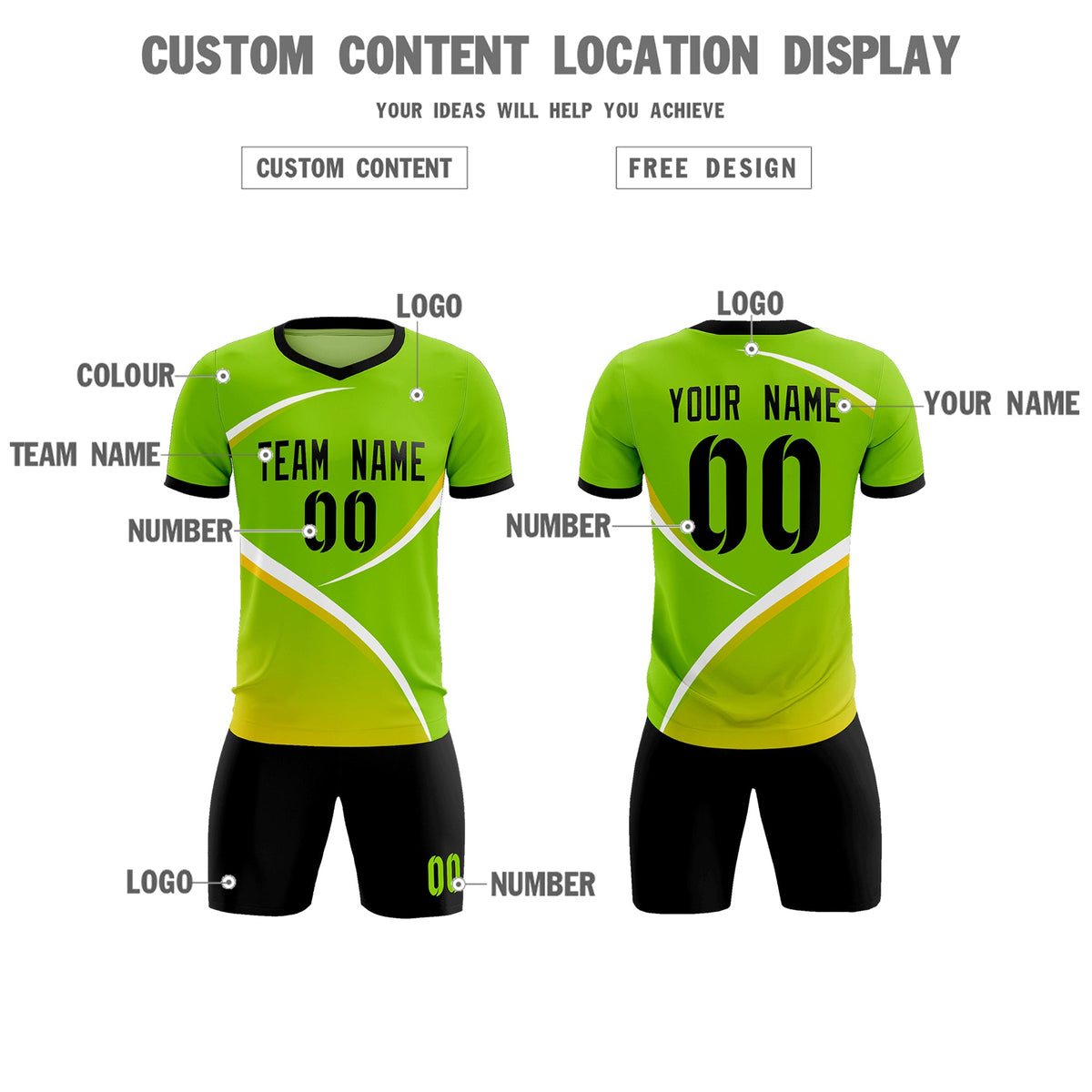 Custom Neon Green Black Color Block Training Uniform For Men Soccer Sets Jersey