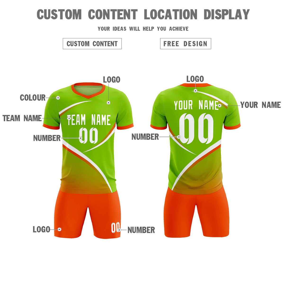 Custom Neon Green Orange Color Block Training Uniform For Men Soccer Sets Jersey