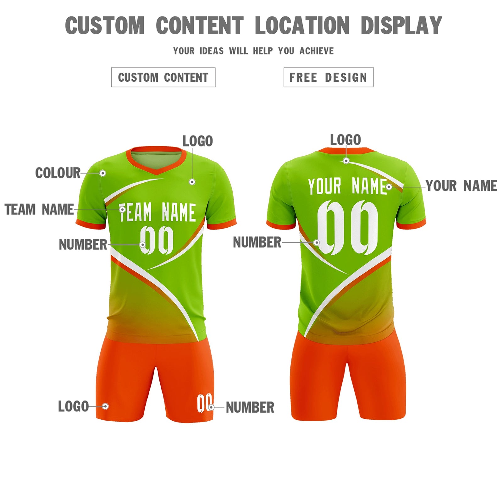 Custom Neon Green Orange Color Block Training Uniform For Men Soccer Sets Jersey