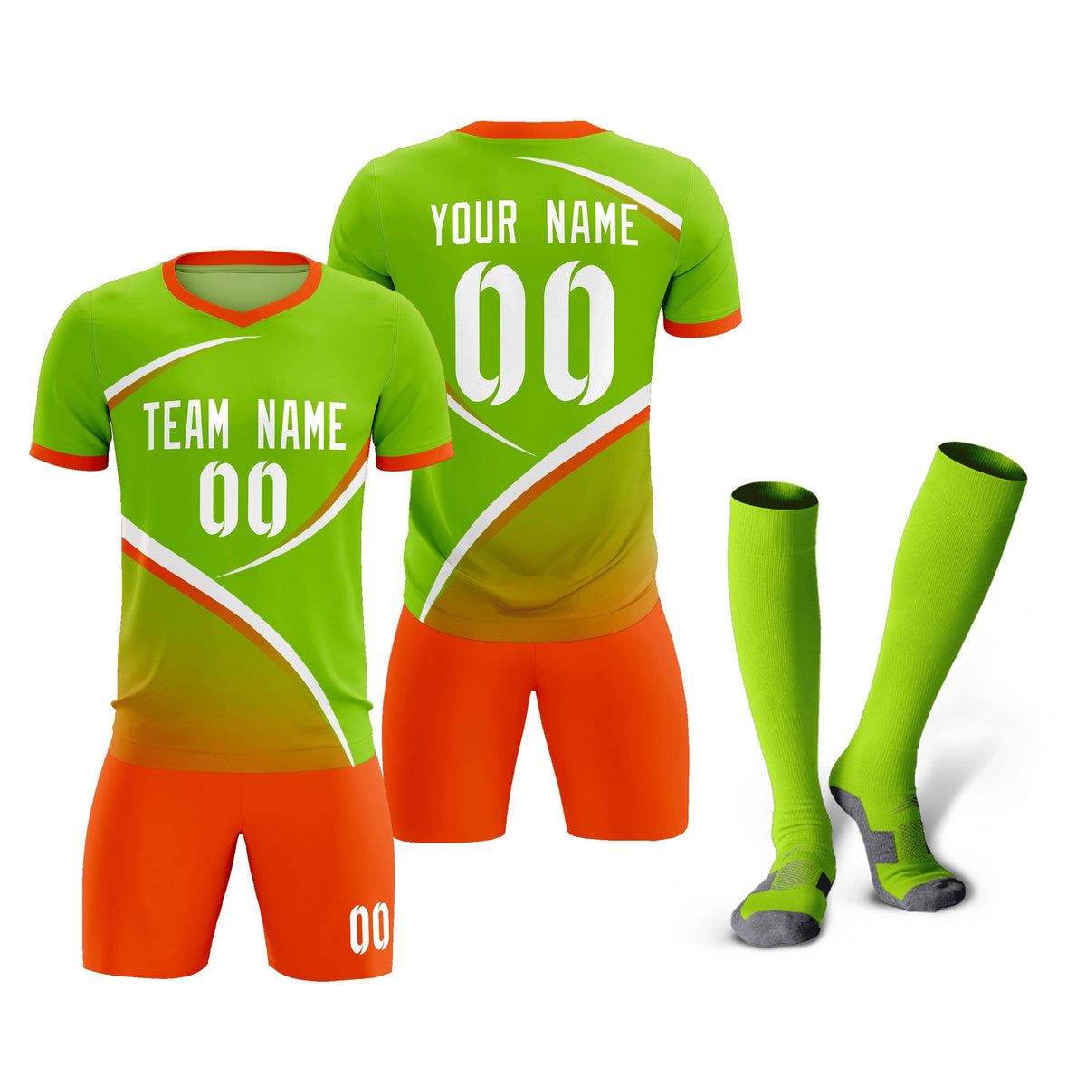 Custom Neon Green Orange Color Block Training Uniform For Men Soccer Sets Jersey