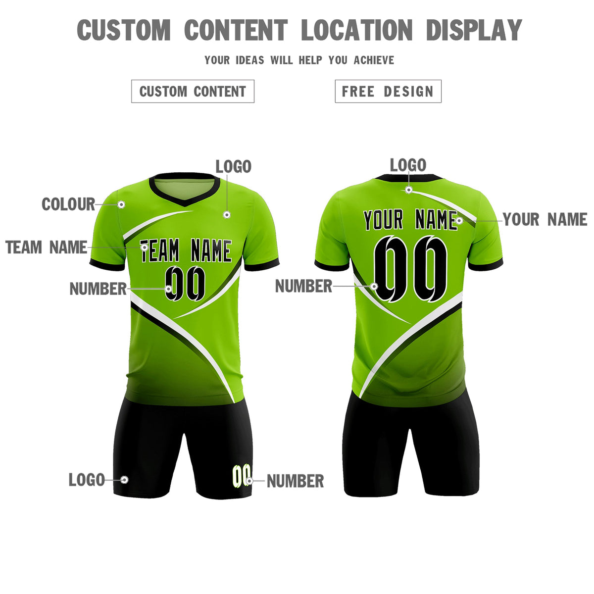 Custom Neon Green Black Color Block Training Uniform For Men Soccer Sets Jersey