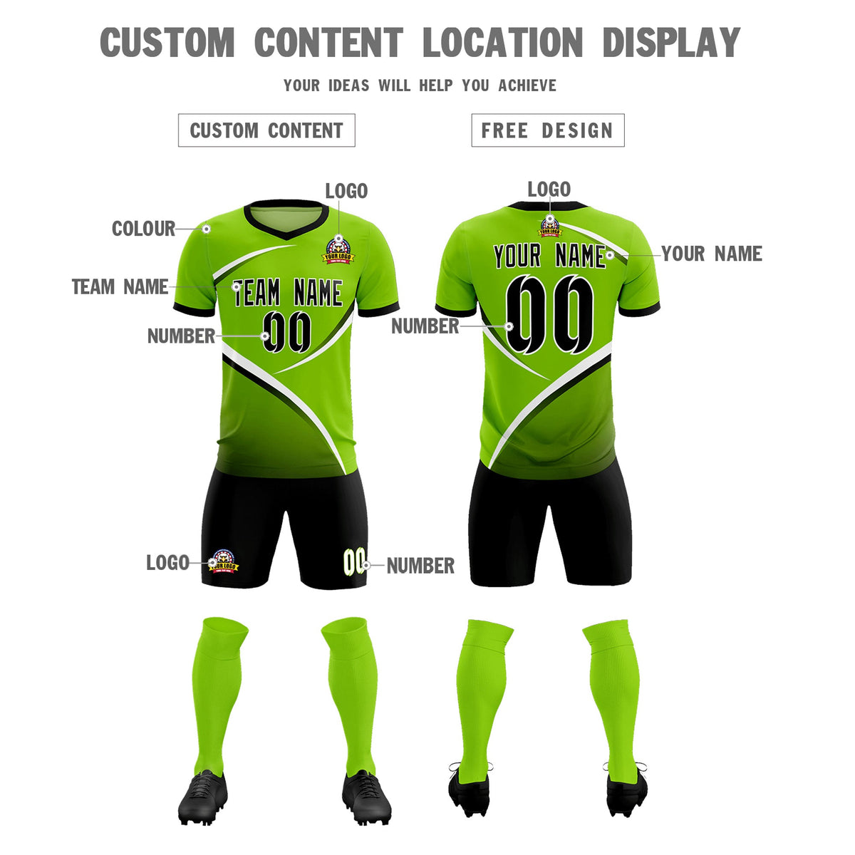 Custom Neon Green Black Color Block Training Uniform For Men Soccer Sets Jersey