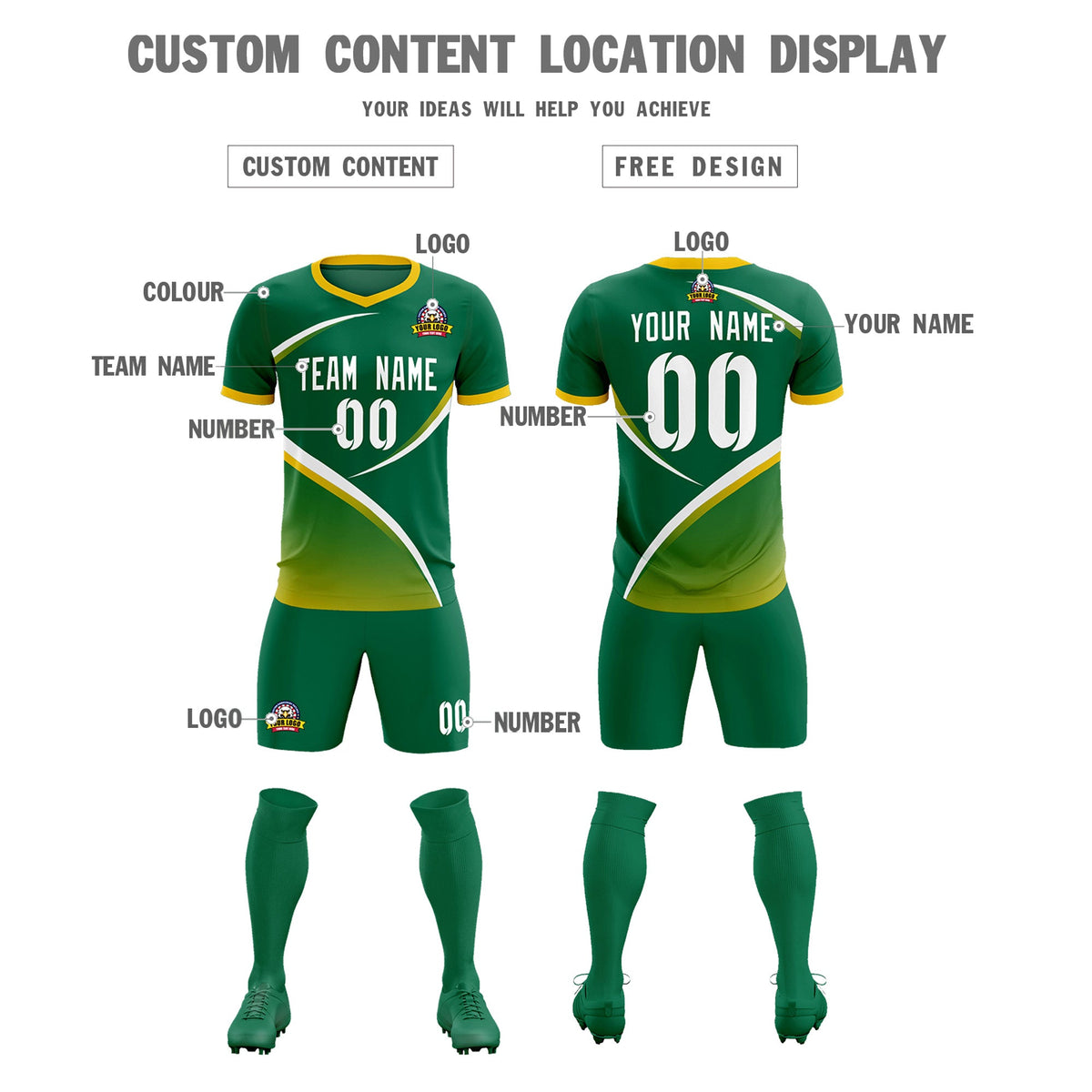 Custom Kelly Green Gold Color Block Training Uniform For Men Soccer Sets Jersey