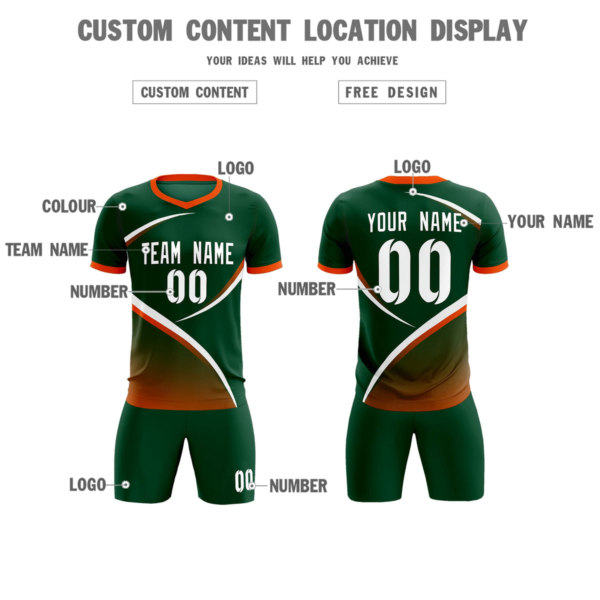 Custom Green Orange Color Block Training Uniform For Men Soccer Sets Jersey