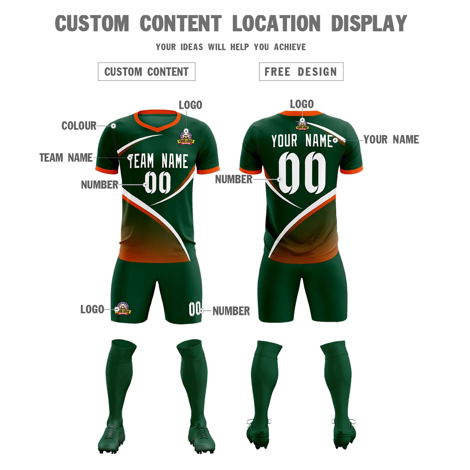 Custom Green Orange Color Block Training Uniform For Men Soccer Sets Jersey