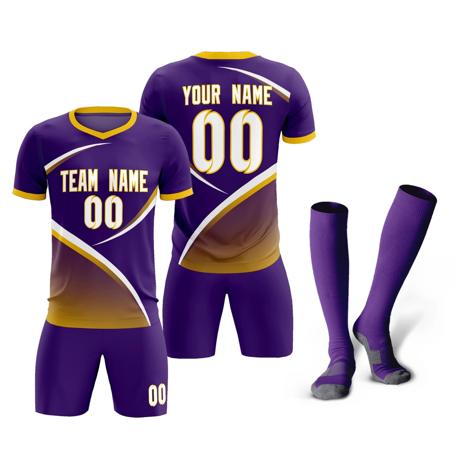 Custom Purple Gold Color Block Training Uniform For Men Soccer Sets Jersey
