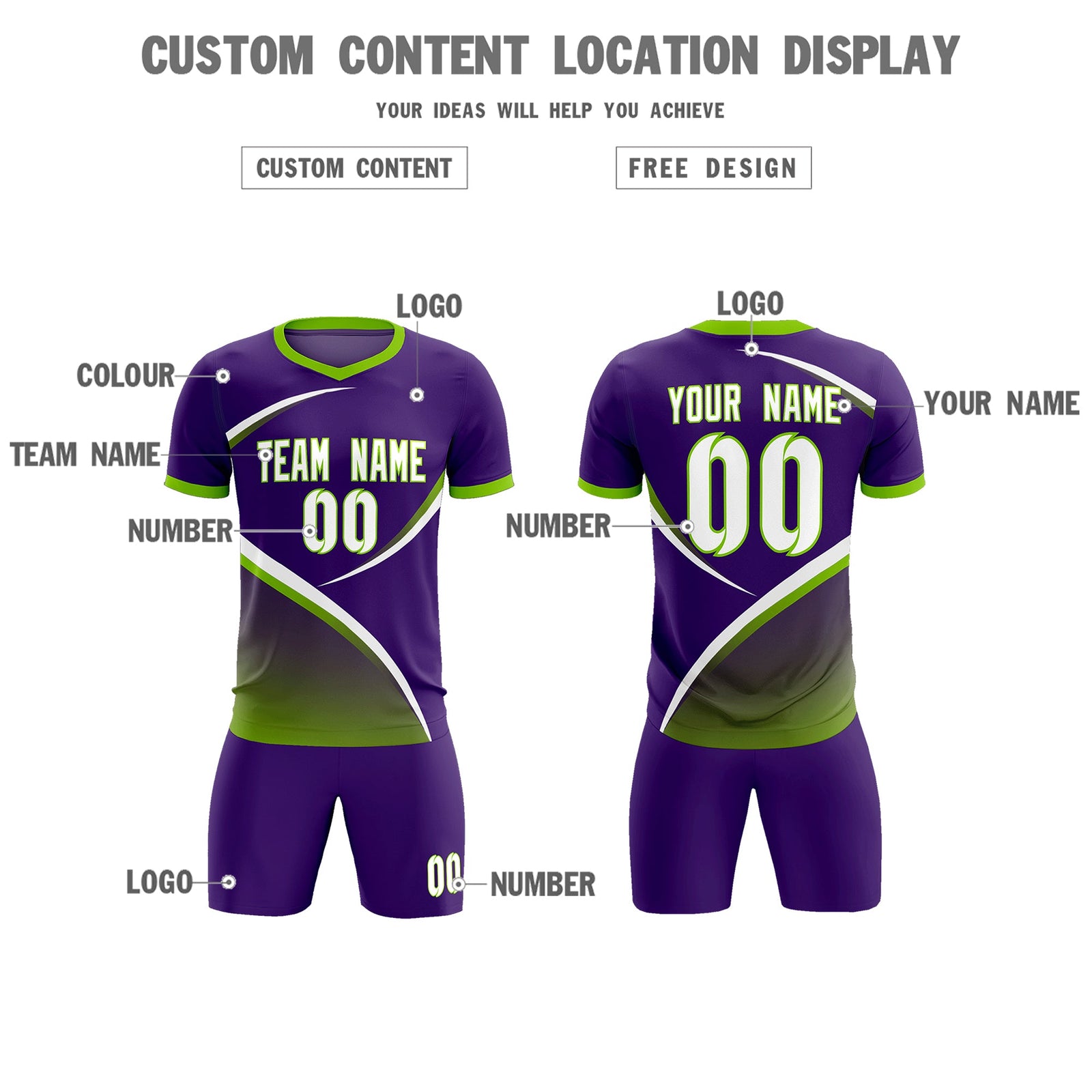 Custom Purple Neon Green Color Block Training Uniform For Men Soccer Sets Jersey