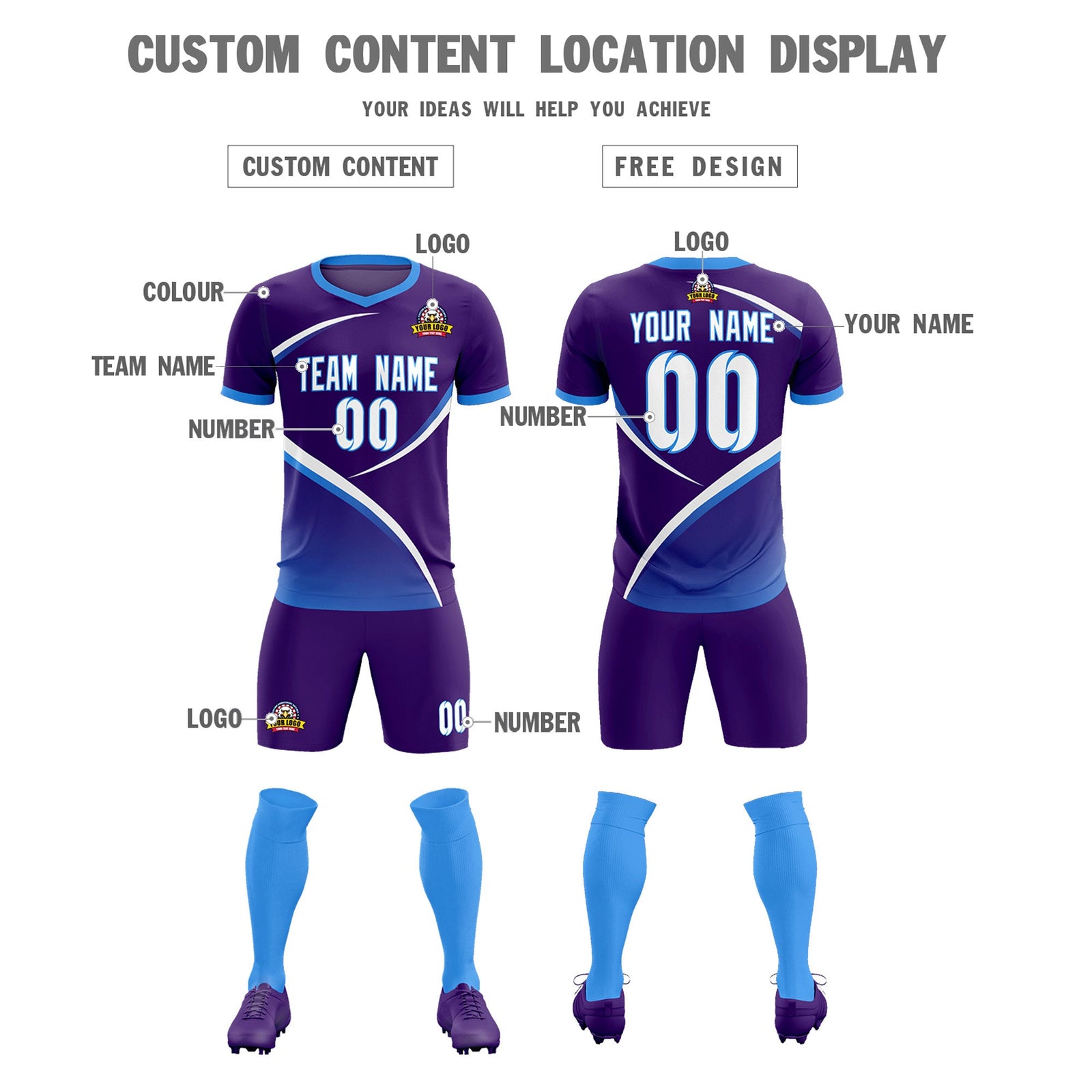Custom Purple Powder Blue Color Block Training Uniform For Men Soccer Sets Jersey