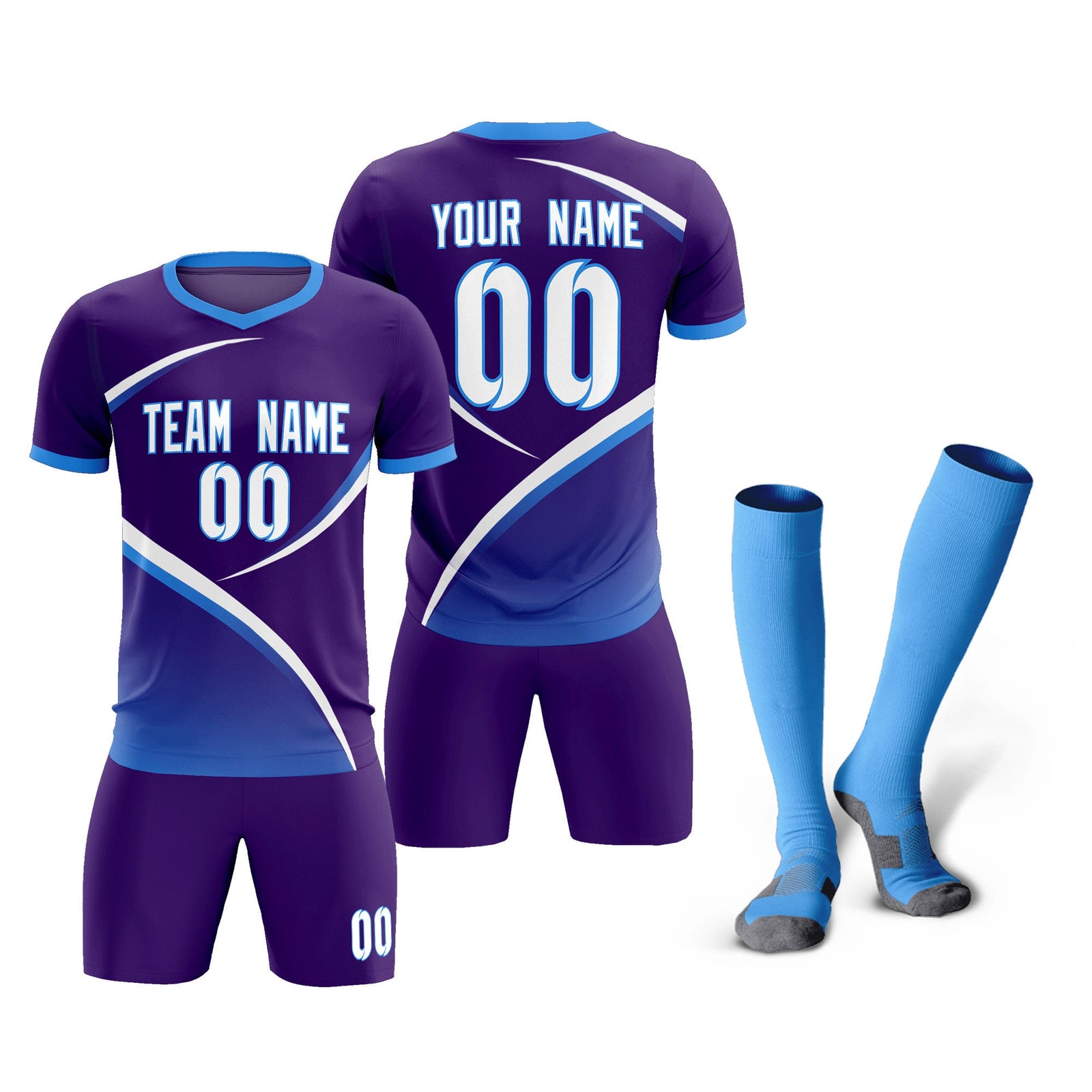 Custom Purple Powder Blue Color Block Training Uniform For Men Soccer Sets Jersey