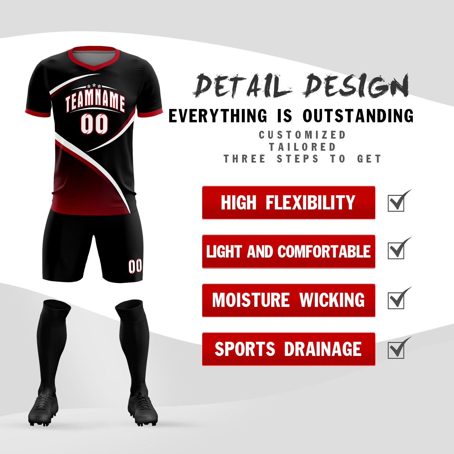 Custom Black Red Color Block Training Uniform For Men Soccer Sets Jersey