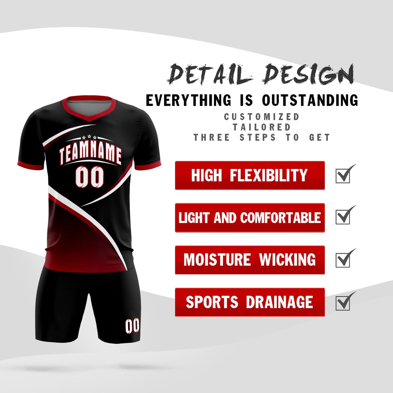 Custom Black Red Color Block Training Uniform For Men Soccer Sets Jersey