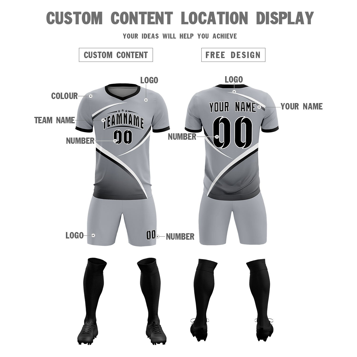 Custom Gray Black Color Block Training Uniform For Men Soccer Sets Jersey