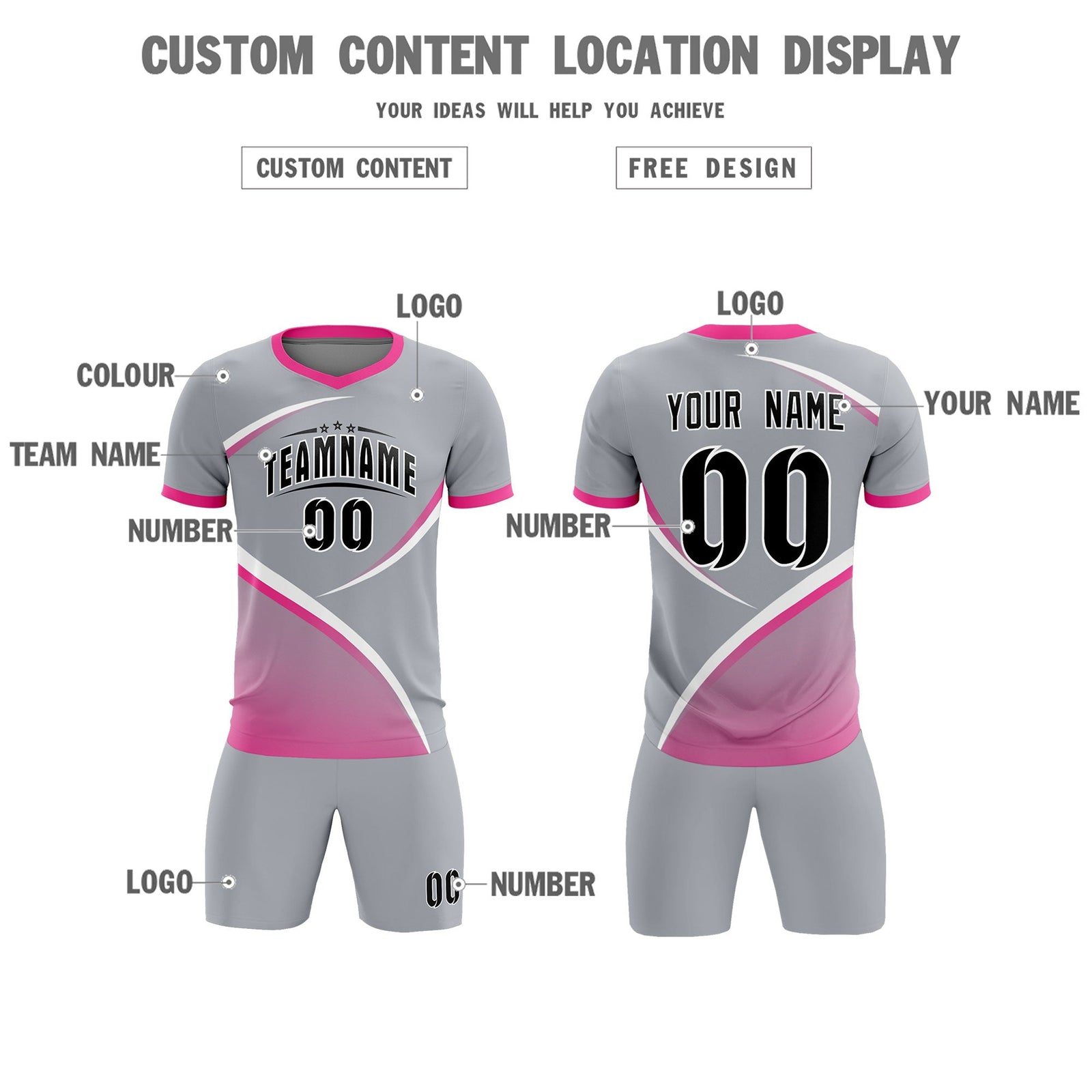 Custom Gray Pink Color Block Training Uniform For Men Soccer Sets Jersey