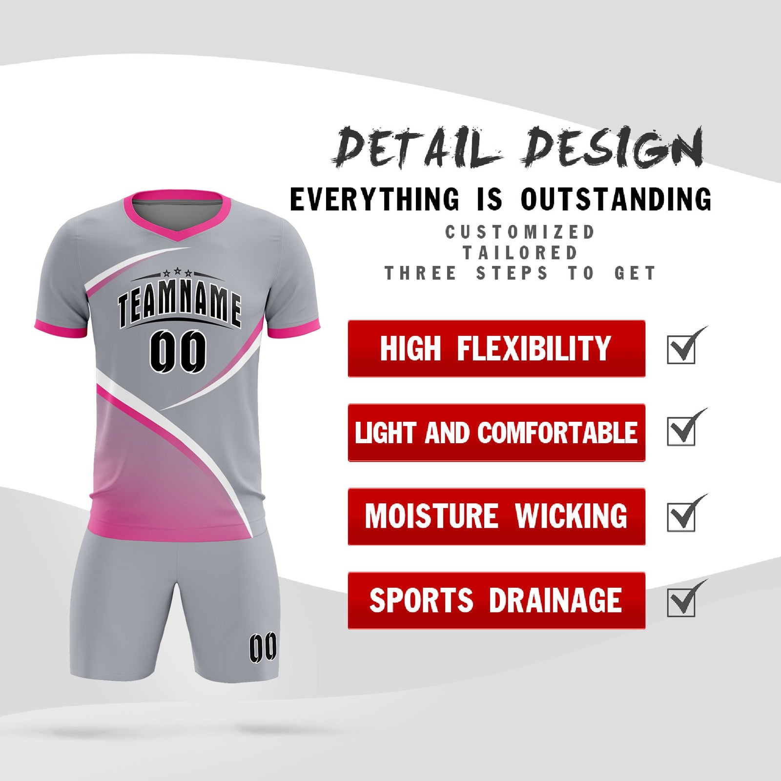 Custom Gray Pink Color Block Training Uniform For Men Soccer Sets Jersey