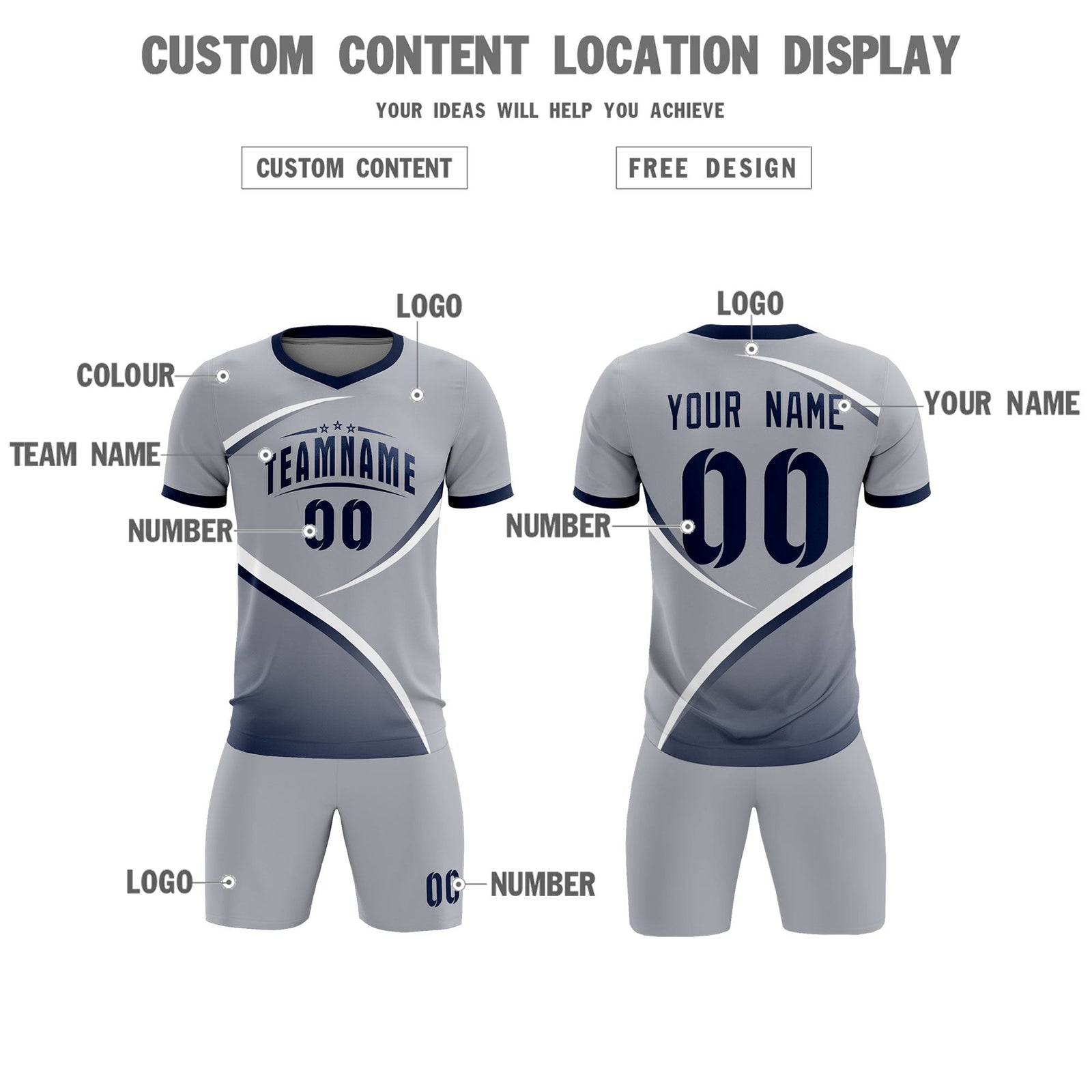 Custom Gray Navy Color Block Training Uniform For Men Soccer Sets Jersey