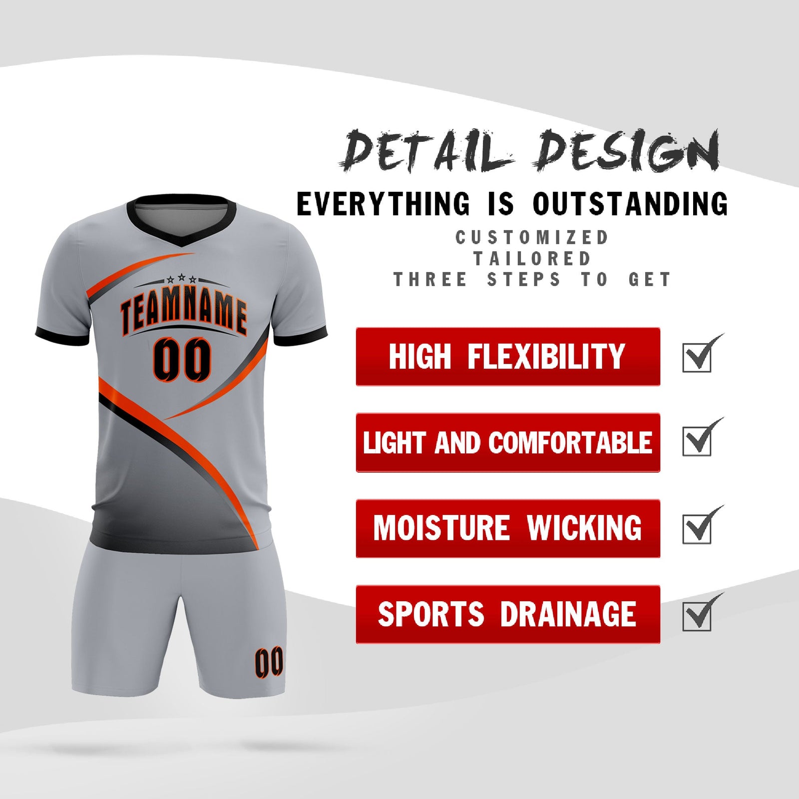 Custom Gray Black Color Block Training Uniform For Men Soccer Sets Jersey