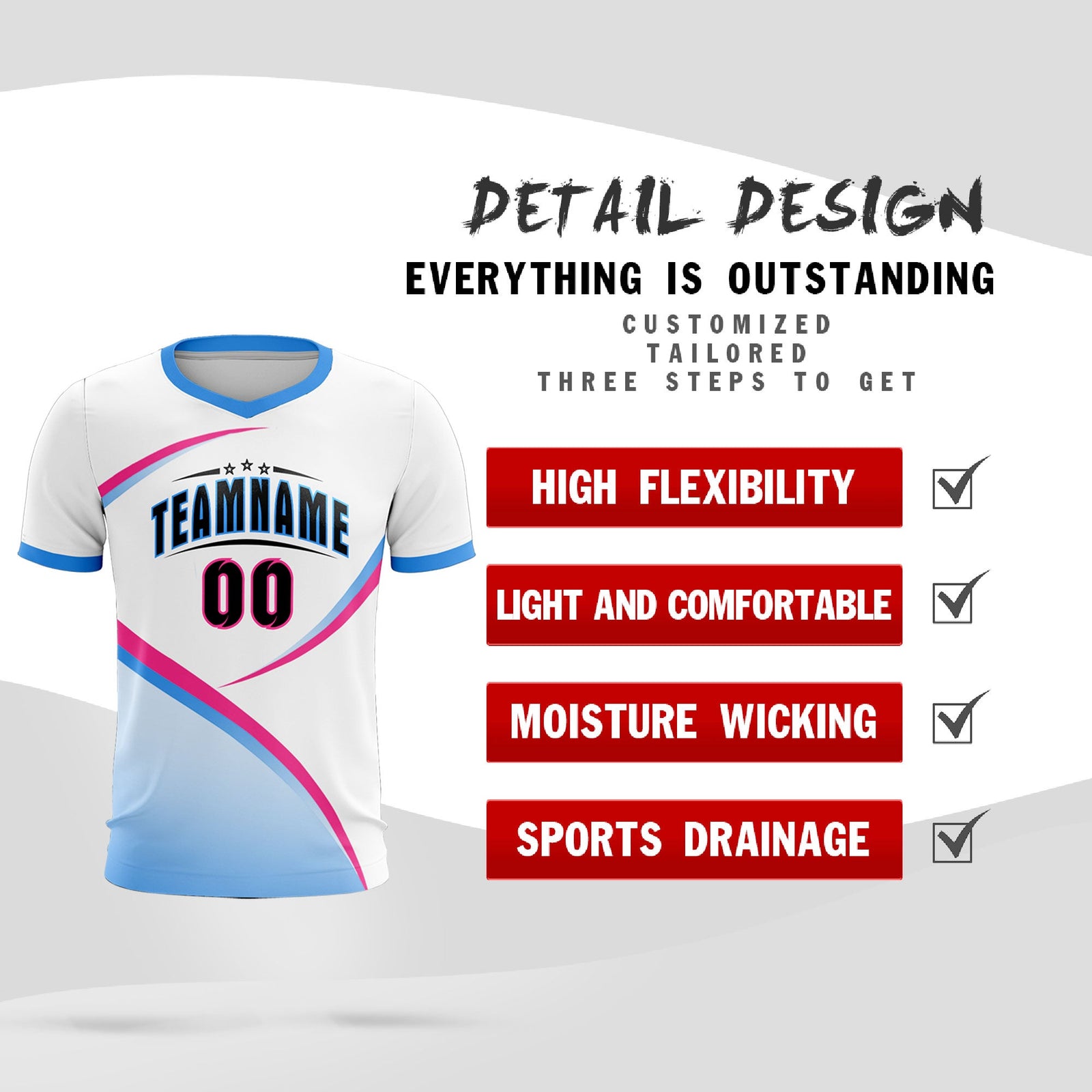 Custom White Powder Blue Color Block Training Uniform For Men Soccer Sets Jersey