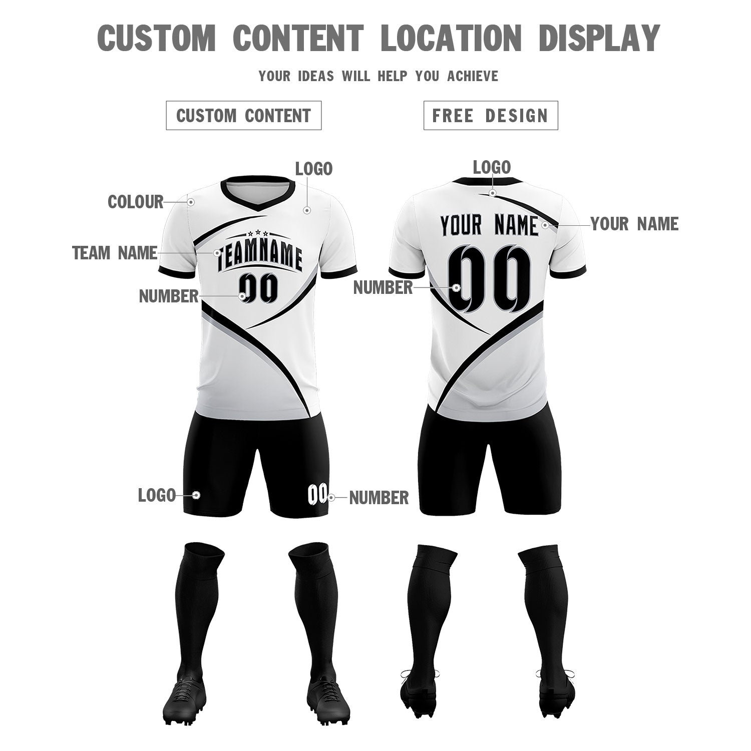 Custom White Black Color Block Training Uniform For Men Soccer Sets Jersey
