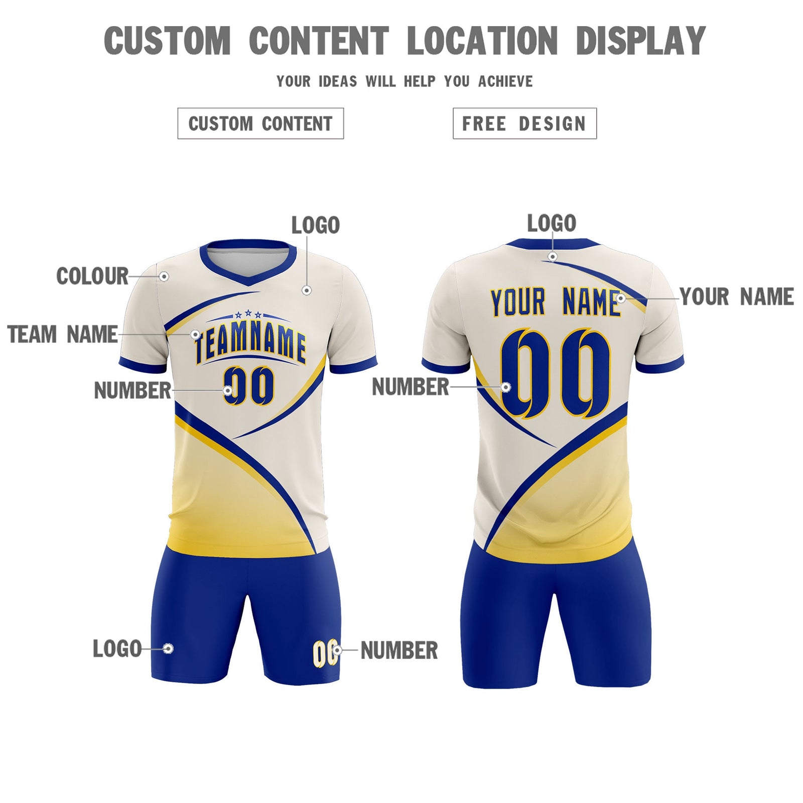 Custom Cream Royal Color Block Training Uniform For Men Soccer Sets Jersey