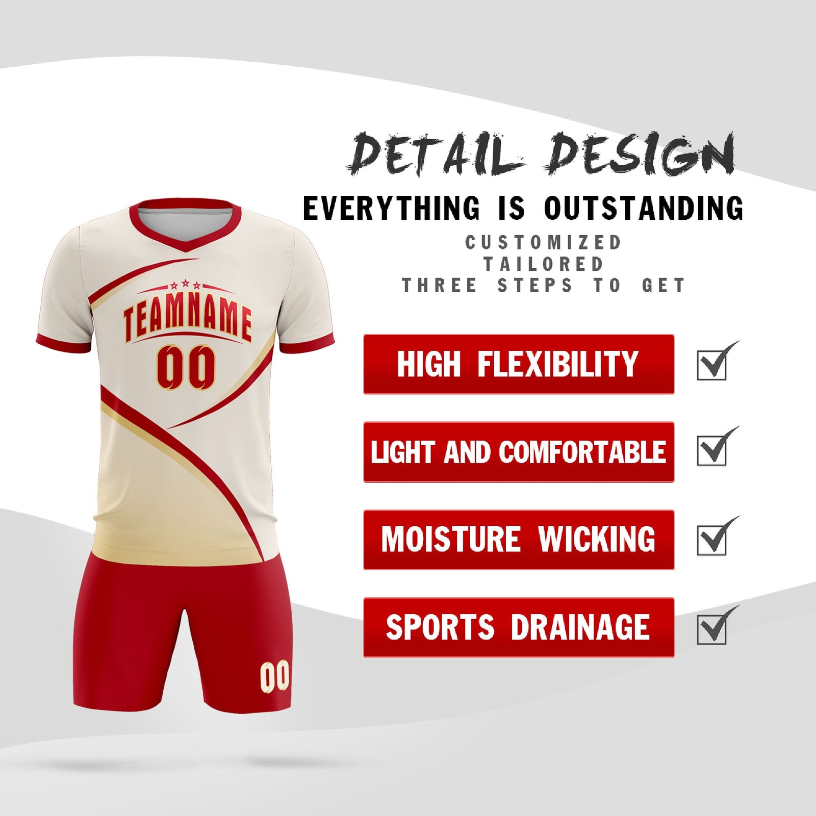 Custom Cream Red Color Block Training Uniform For Men Soccer Sets Jersey