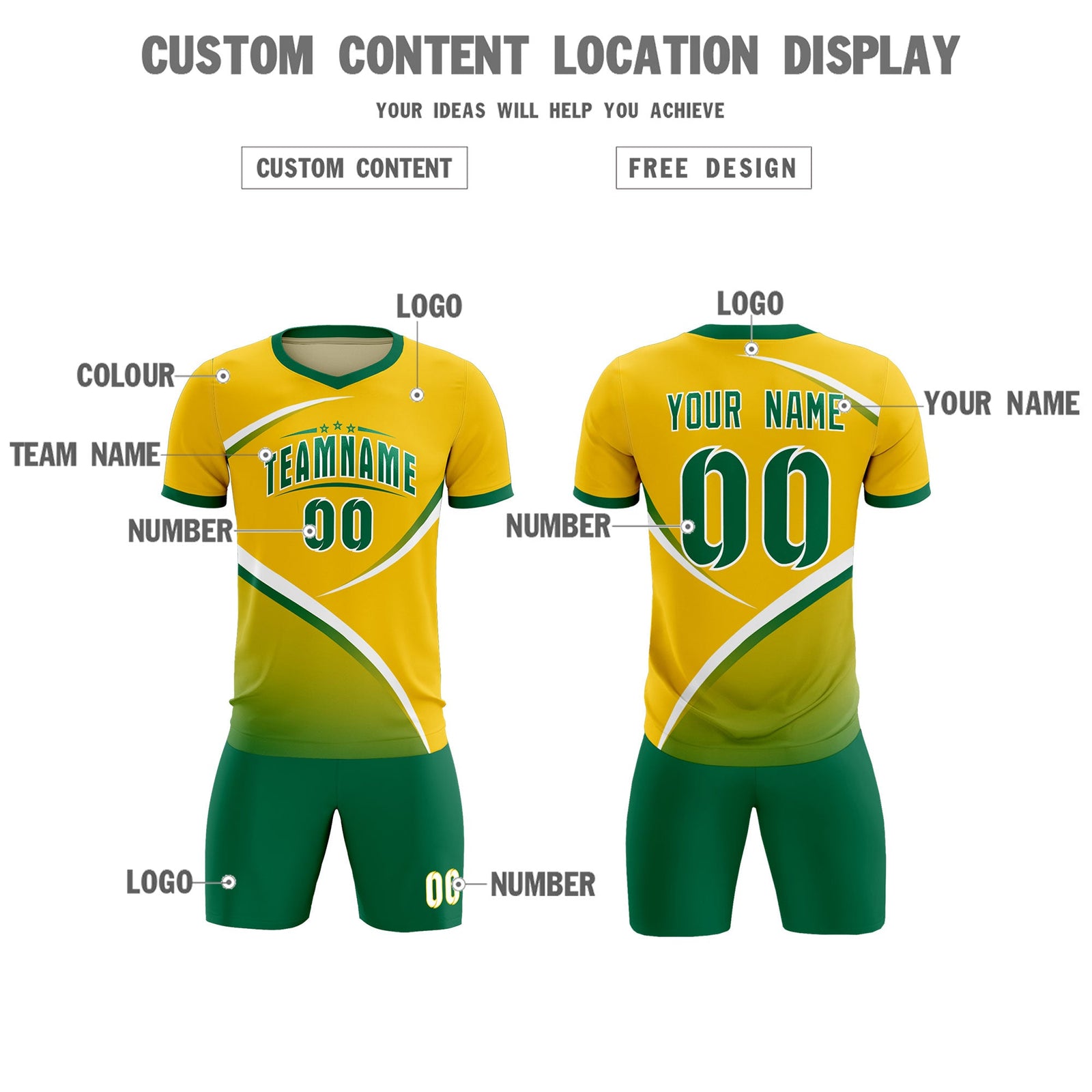 Custom Gold Kelly Green Color Block Training Uniform For Men Soccer Sets Jersey