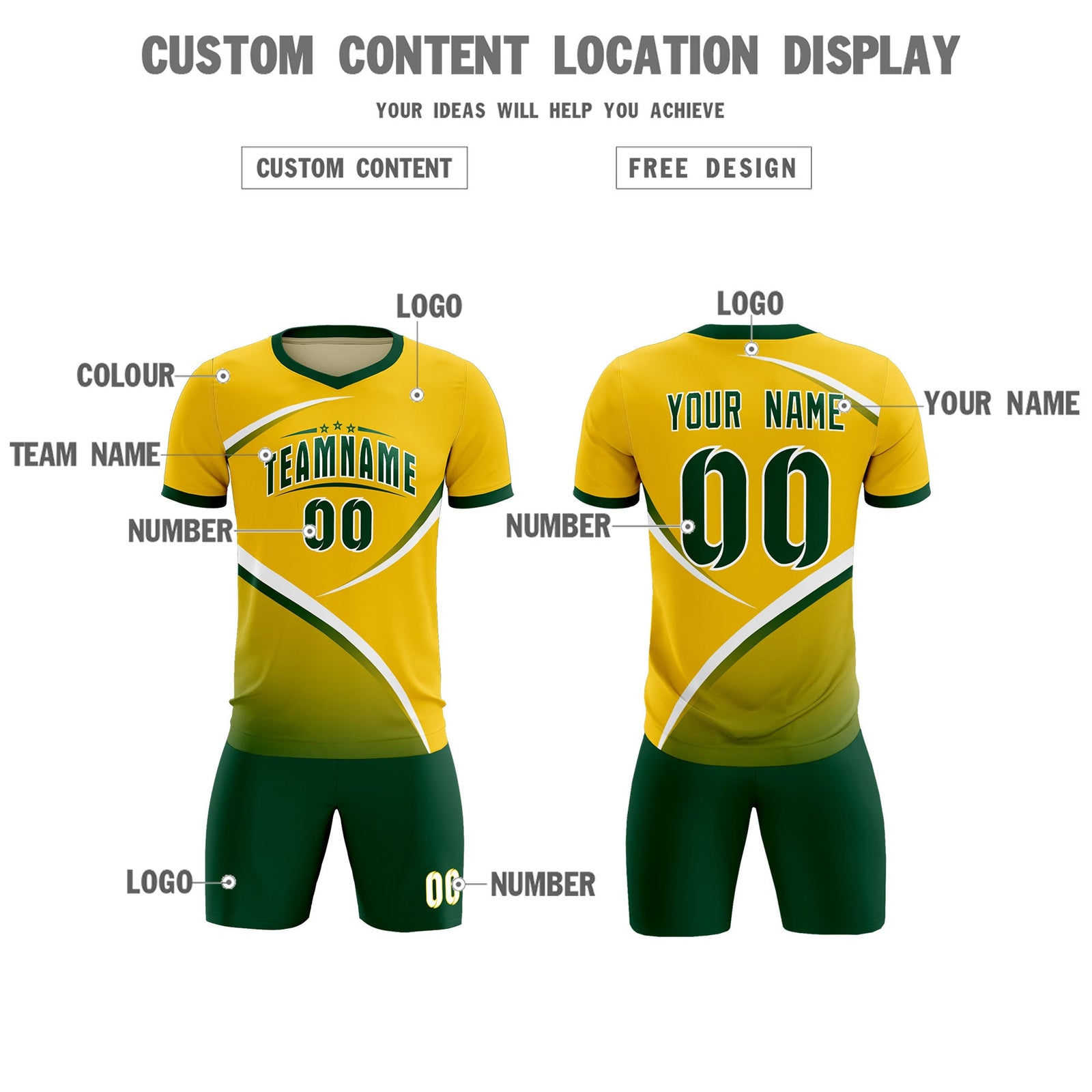 Custom Gold Green Color Block Training Uniform For Men Soccer Sets Jersey