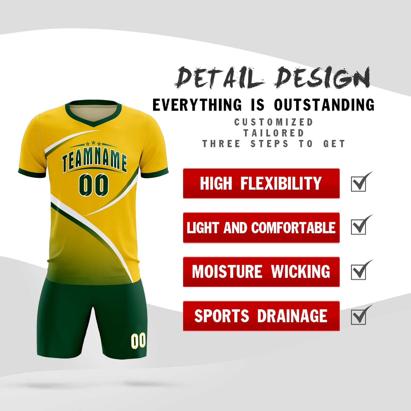 Custom Gold Green Color Block Training Uniform For Men Soccer Sets Jersey