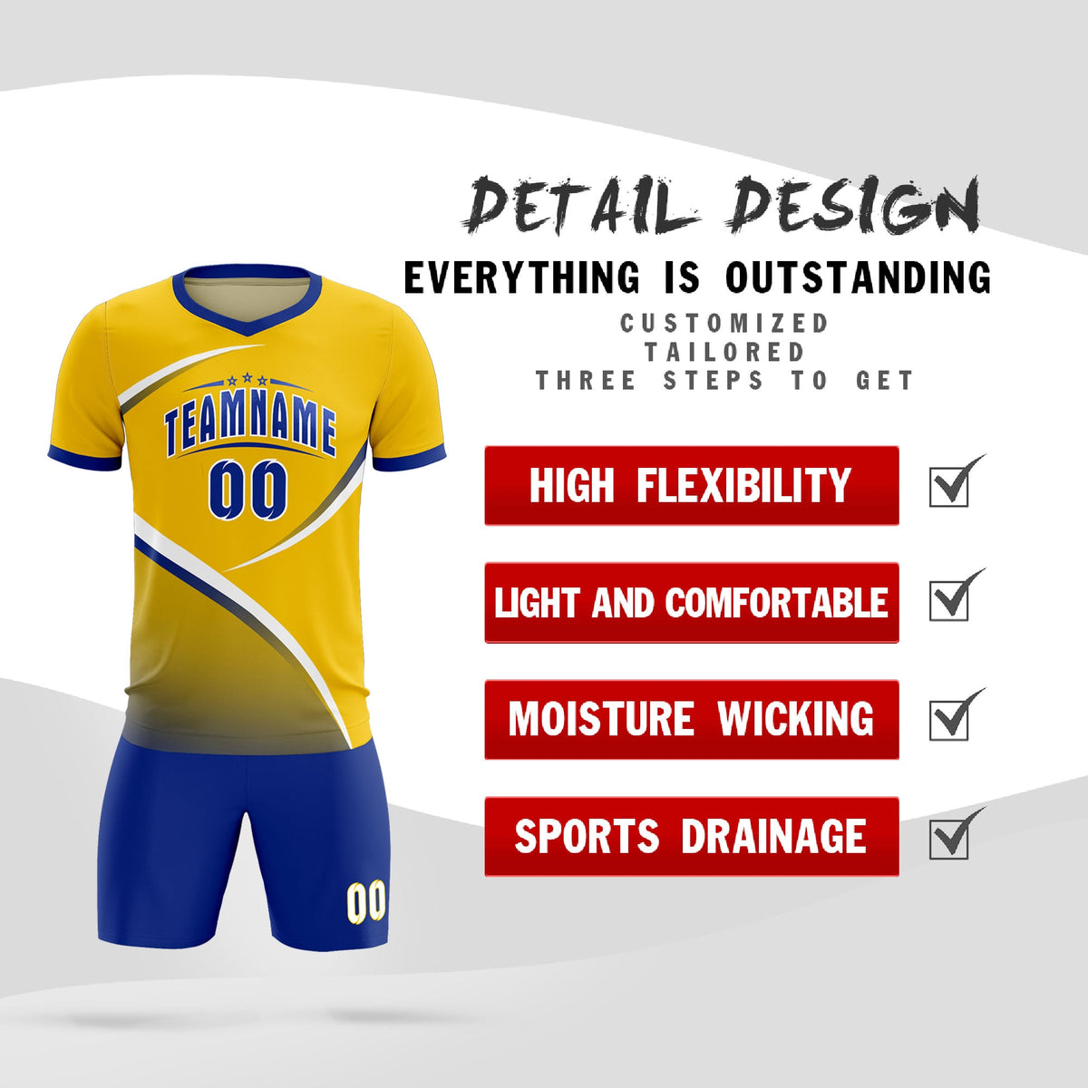 Custom Gold Royal Color Block Training Uniform For Men Soccer Sets Jersey