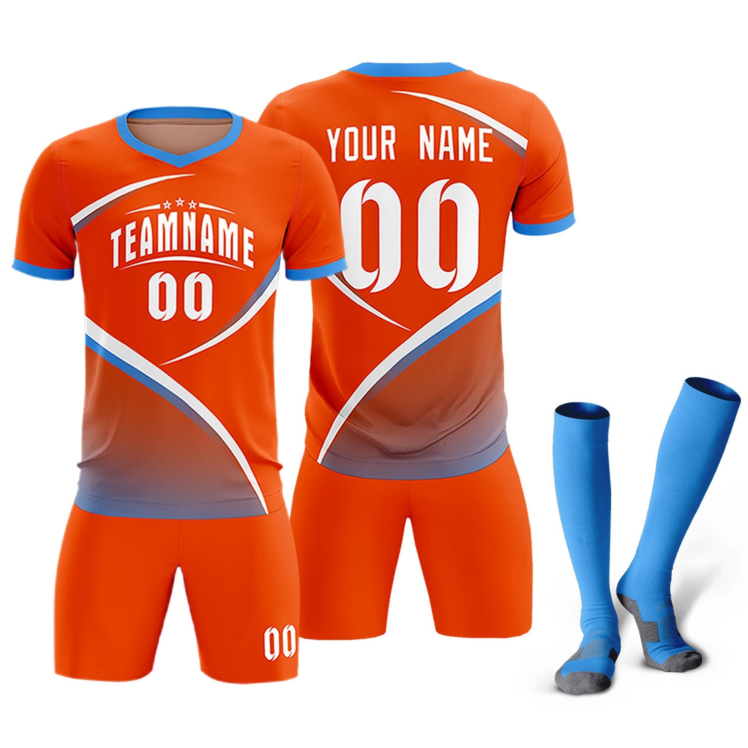 Custom Orange Powder Blue Color Block Training Uniform For Men Soccer Sets Jersey