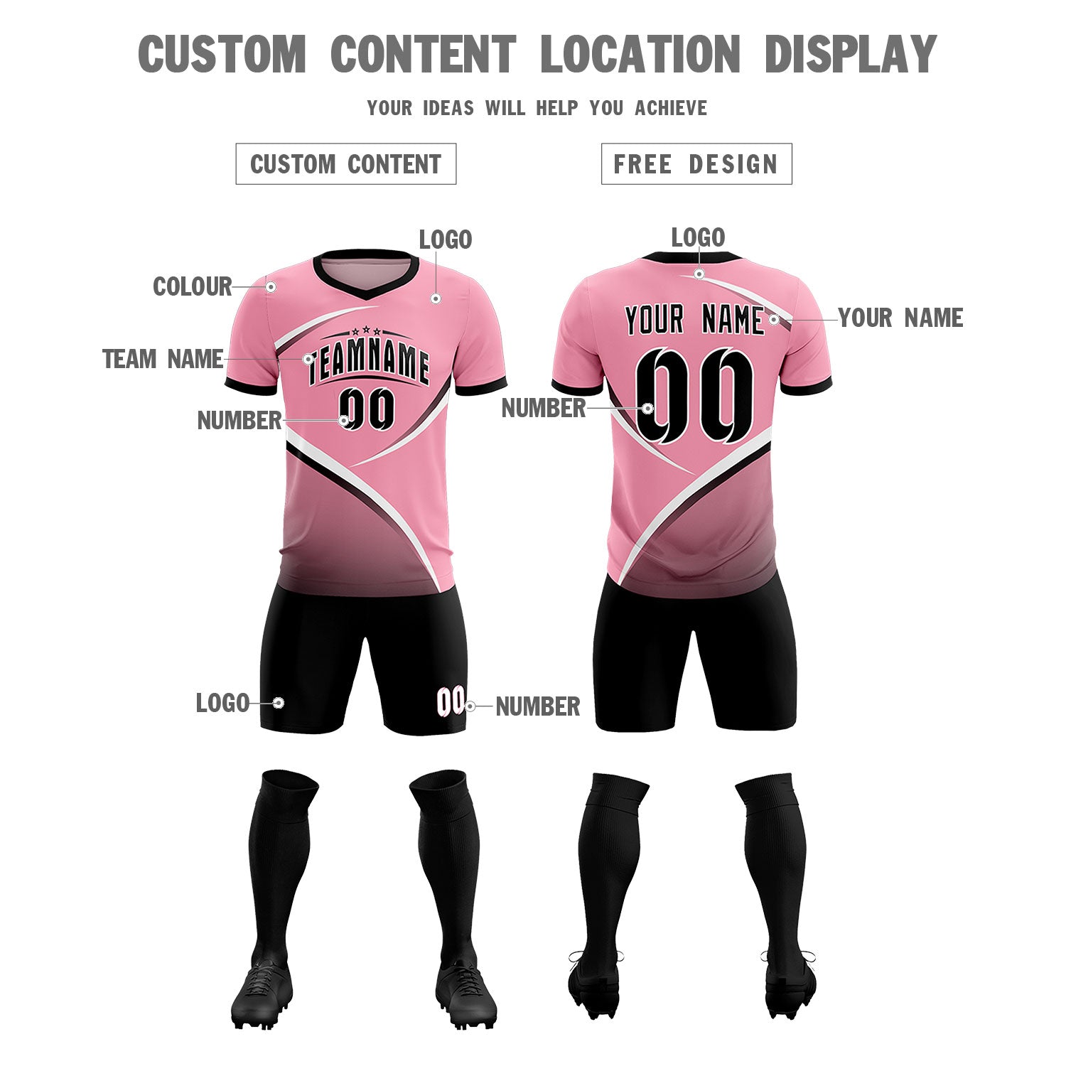 Custom Light Pink Black Color Block Training Uniform For Men Soccer Sets Jersey