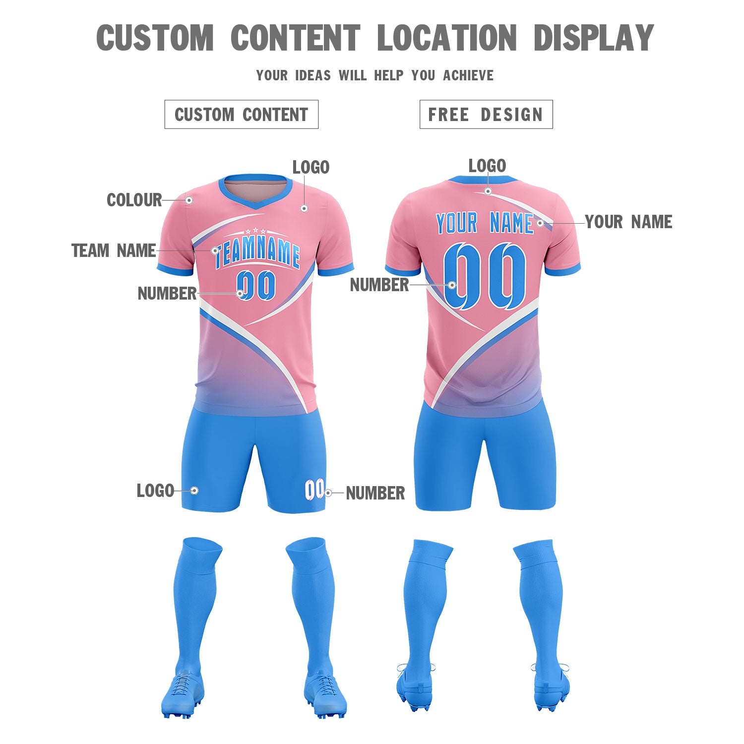 Custom Light Pink Powder Blue Color Block Training Uniform For Men Soccer Sets Jersey