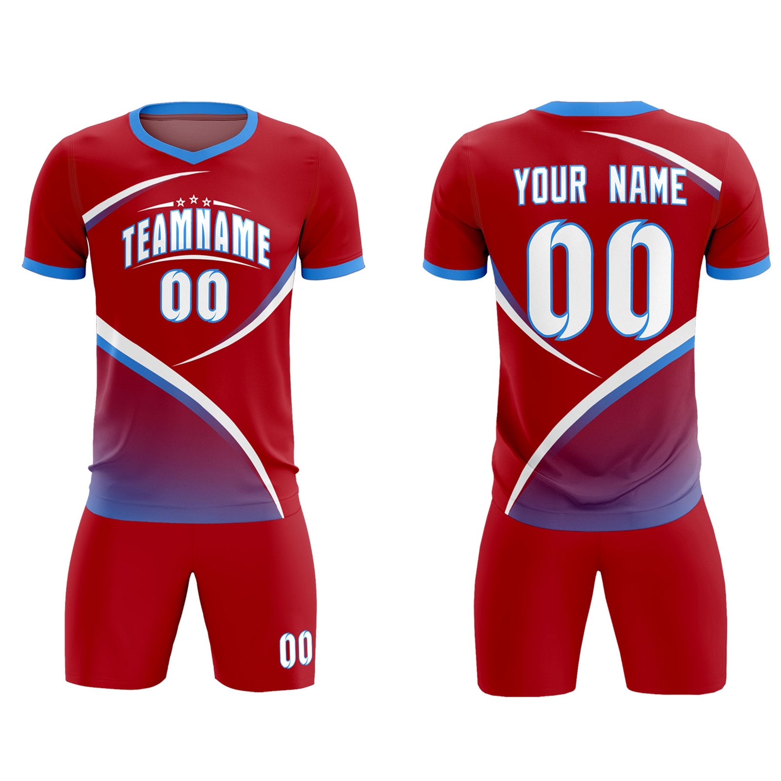 Custom Red Powder Blue Color Block Training Uniform For Men Soccer Sets Jersey
