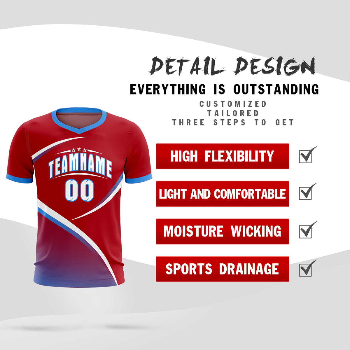 Custom Red Powder Blue Color Block Training Uniform For Men Soccer Sets Jersey