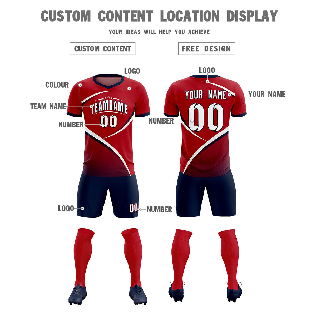 Custom Red Navy Color Block Training Uniform For Men Soccer Sets Jersey