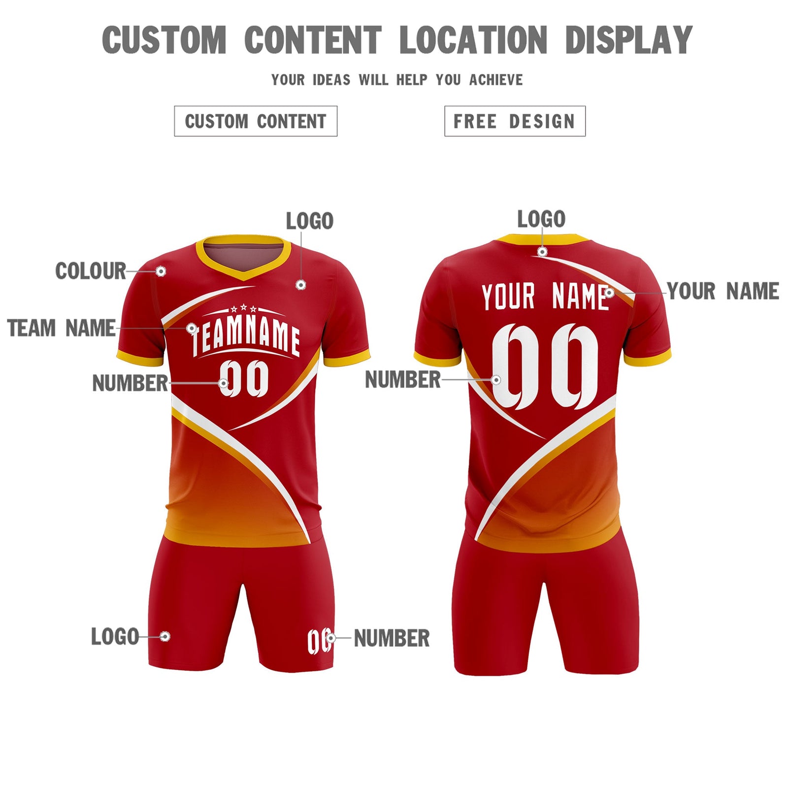 Custom Red Gold Color Block Training Uniform For Men Soccer Sets Jersey