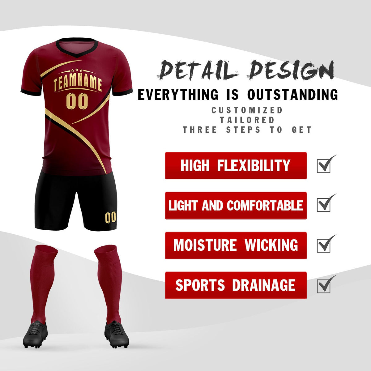Custom Crimson Black Color Block Training Uniform For Men Soccer Sets Jersey