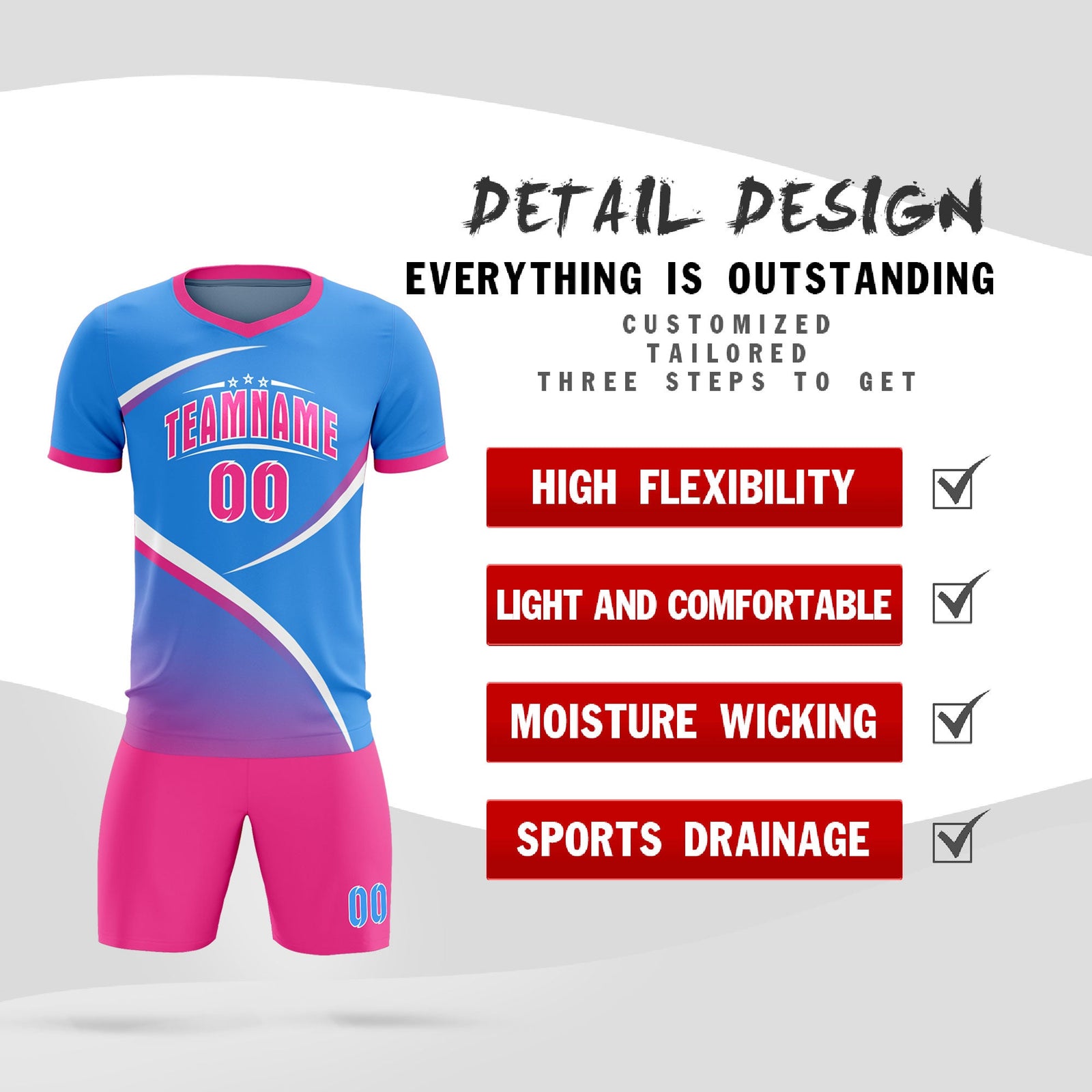 Custom Powder Blue Pink Color Block Training Uniform For Men Soccer Sets Jersey
