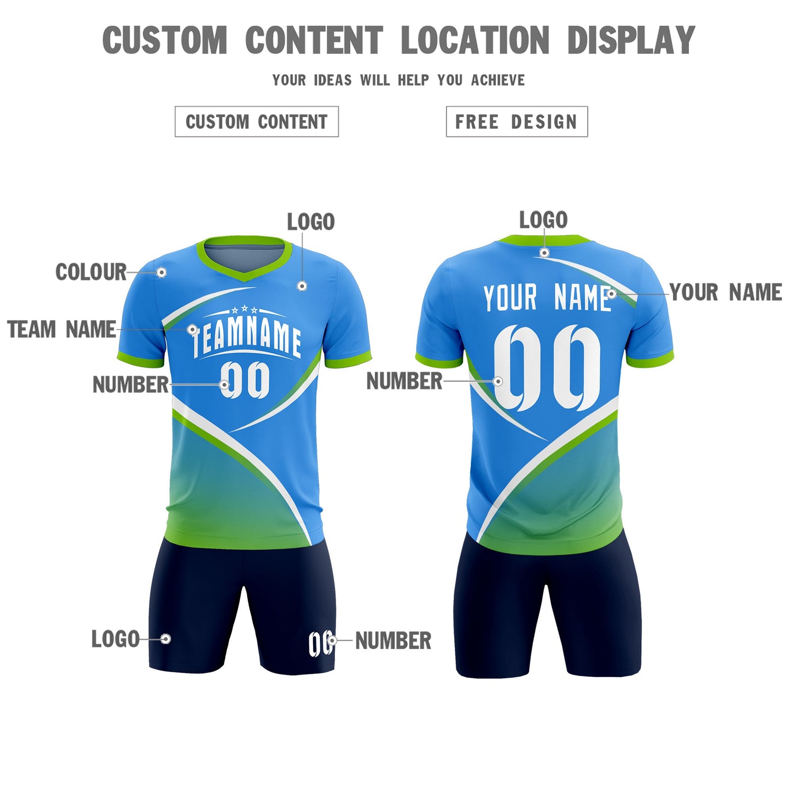 Custom Powder Blue Neon Green Color Block Training Uniform For Men Soccer Sets Jersey