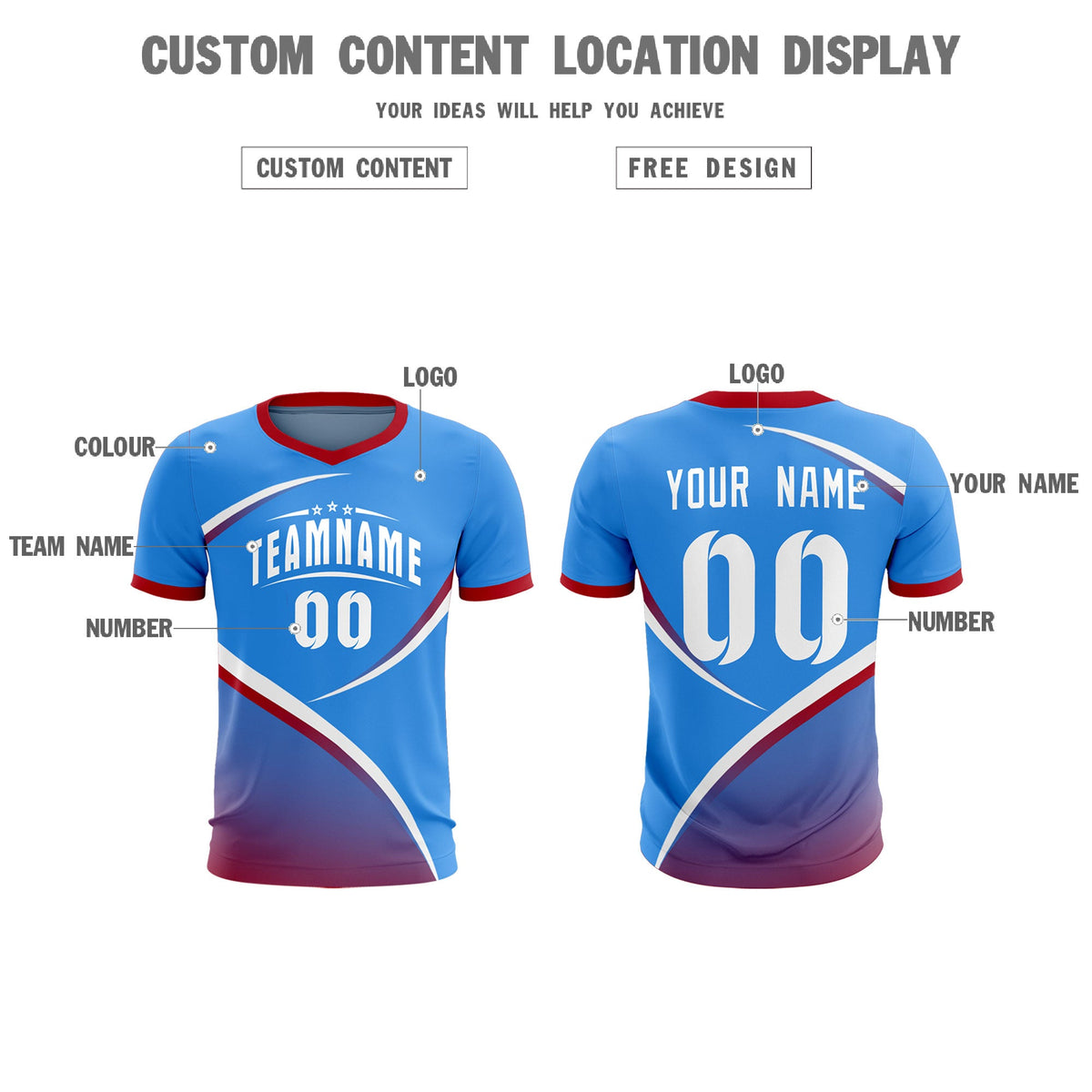 Custom Powder Blue Red Color Block Training Uniform For Men Soccer Sets Jersey