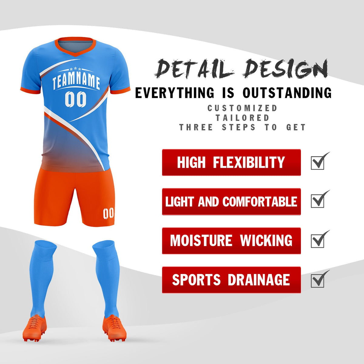 Custom Powder Blue Orange Color Block Training Uniform For Men Soccer Sets Jersey